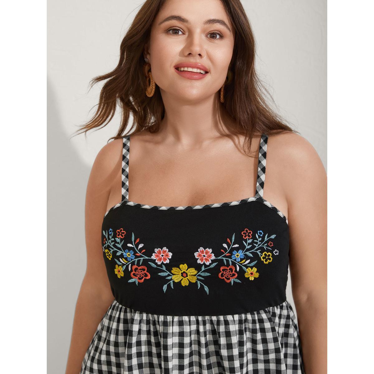 Plus Size Floral Embroidered Plaid Shirred Tank Top Women Black Gathered Non Vacation Tank Tops Camis BloomChic 12/L Product Image