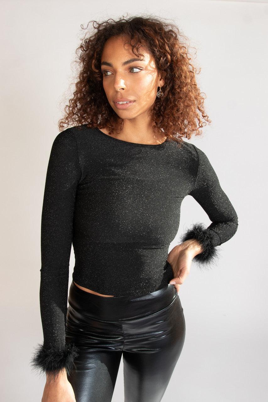 Feather Trim Glitter Long Sleeve Top Product Image