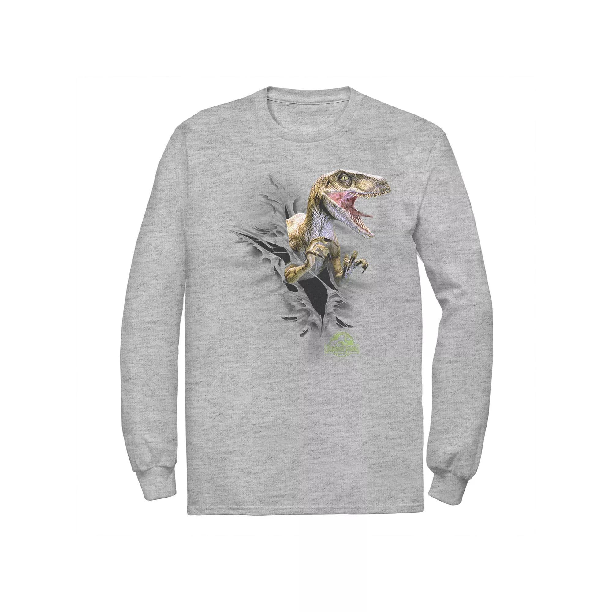 Men's Jurassic Park Ripping Velociraptor Long Sleeve Tee, Size: Medium, Athletic Grey Product Image