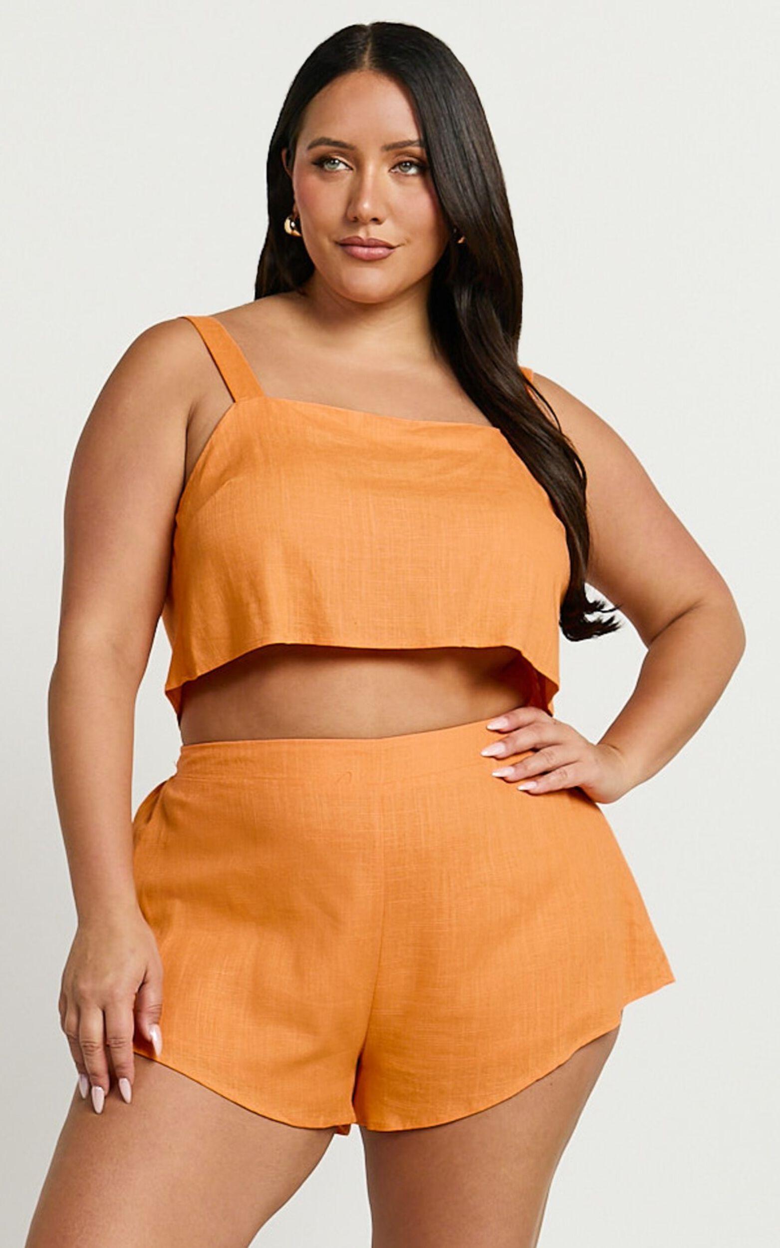 Zanrie Two Piece Set - Linen Square Neck Crop Top and High Waist Mini Flare Shorts Set in Orange Product Image