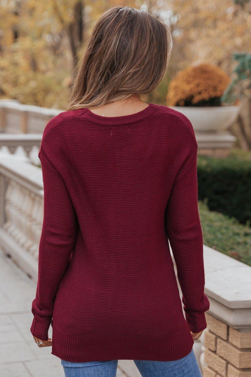 The Mini Waffle Texture Ribbed Knit Sweater - Wine - FINAL SALE Product Image