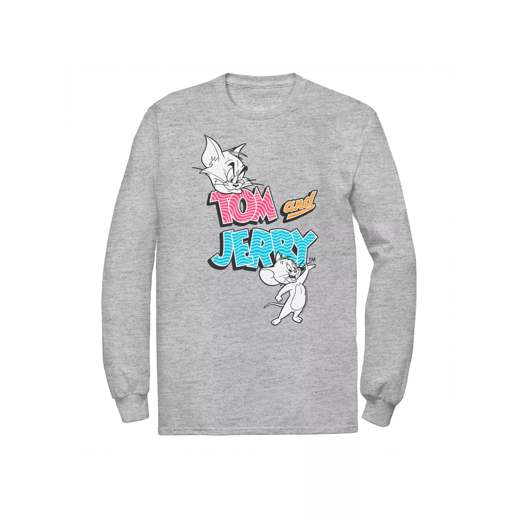 Big & Tall Tom and Jerry Patterned Logo Stamp Portrait Long Sleeve Graphic Tee, Men's, Size: 3XL Tall, Athletic Grey Product Image