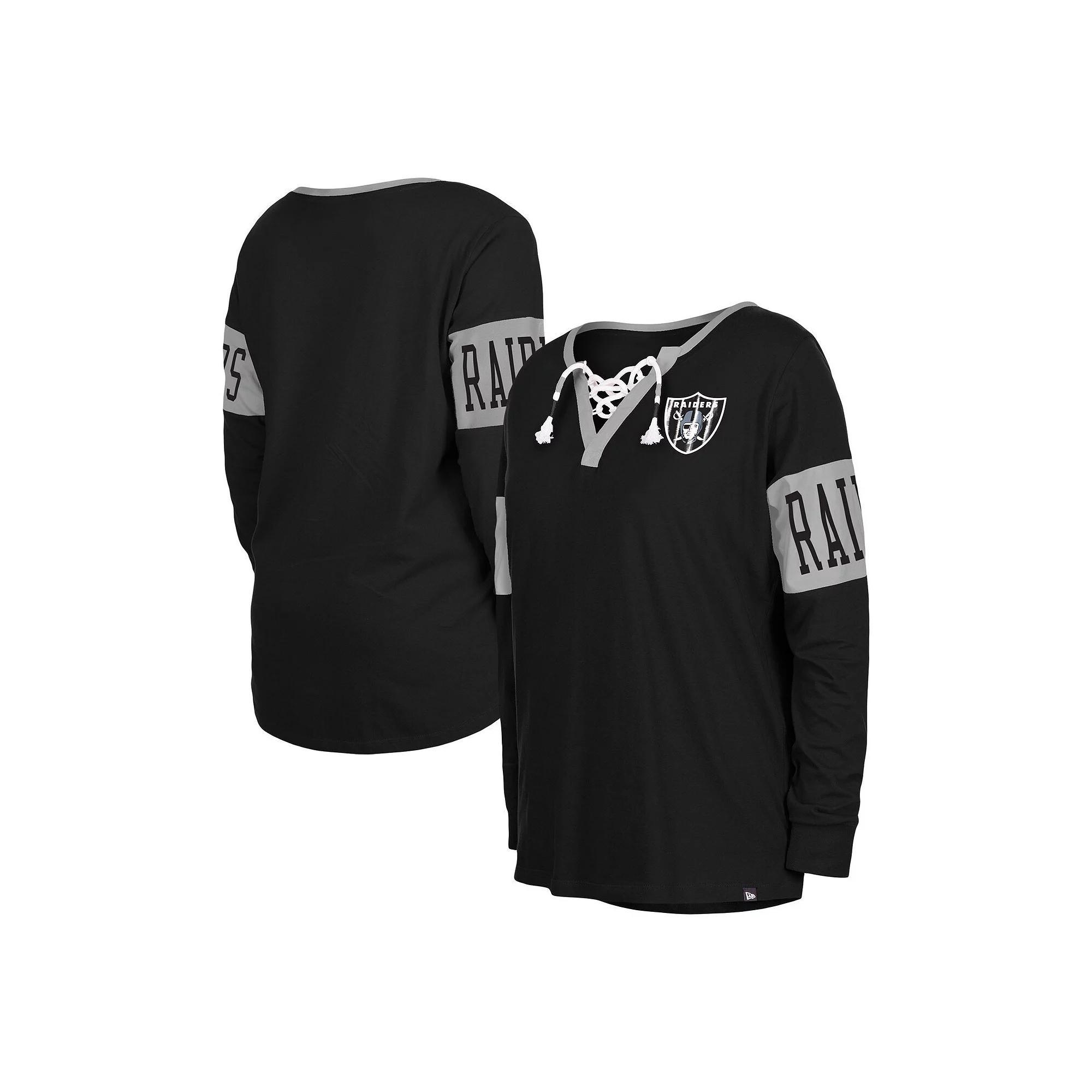 Women's New Era Black Las Vegas Raiders Lace-Up Notch Neck Long Sleeve T-Shirt, Size: Small, Lvr Black Product Image