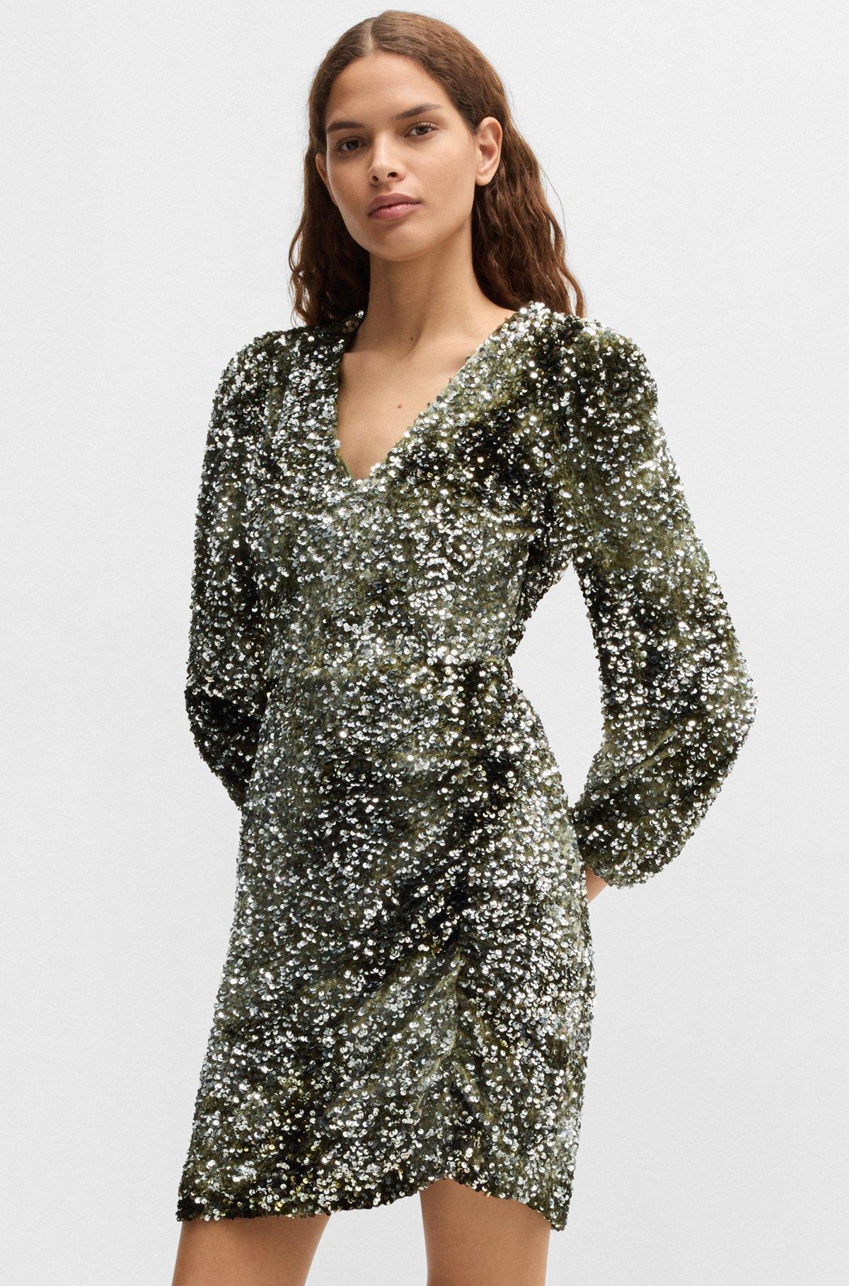 Long-sleeved velour dress with gathered details Product Image