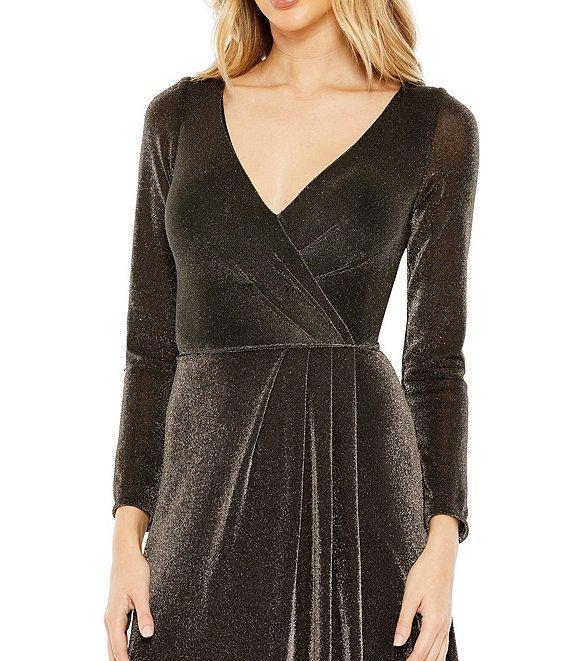 Mac Duggal Metallic Suede Surplice V-Neck Long Sleeve Thigh High Slit Faux Wrap Gown Product Image
