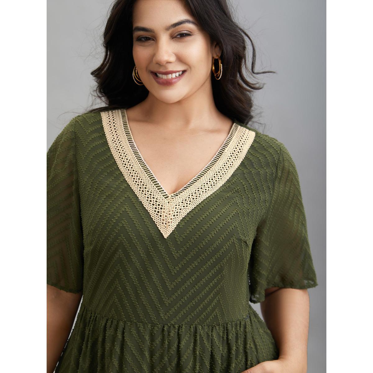 Plus Size Lace V-Neck Chiffon Waist-Cinched Midi Dress ArmyGreen Women Resort Woven ribbon&lace trim V-neck Half Sleeve Curvy BloomChic 14-16/1X Product Image