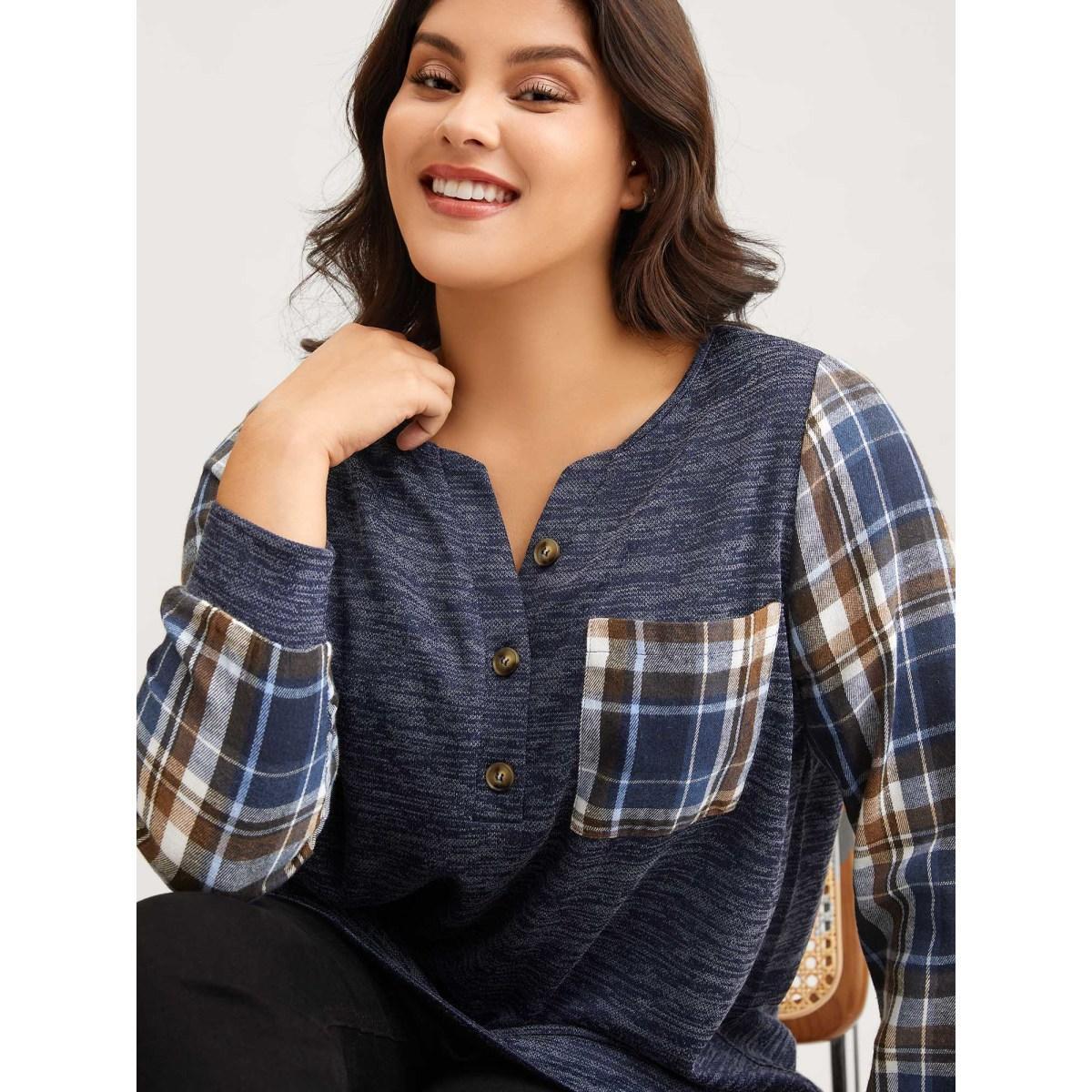Plus Size Plaid Sleeve Button Up Patchwork Sweatshirt Women Indigo Casual Contrast Notched collar Everyday Sweatshirts BloomChic 14-16/1X Product Image
