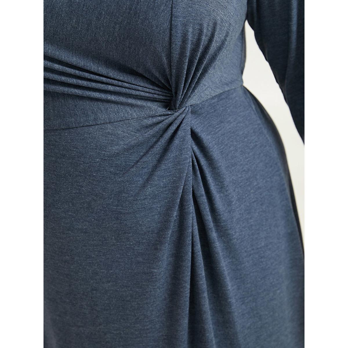 Plus Size Plain Crew Neck Twist Front Split Hem Dress Indigo Women Casual Plain Round Neck Long Sleeve Curvy Midi Dress BloomChic 10/M Product Image