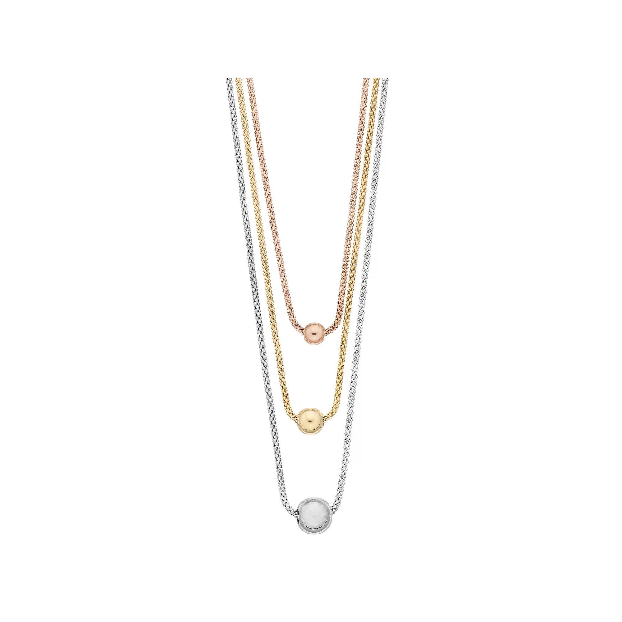 Tri-Tone Sterling Silver Multistrand 3-Bead Necklace, Women's, Size: 17" Product Image