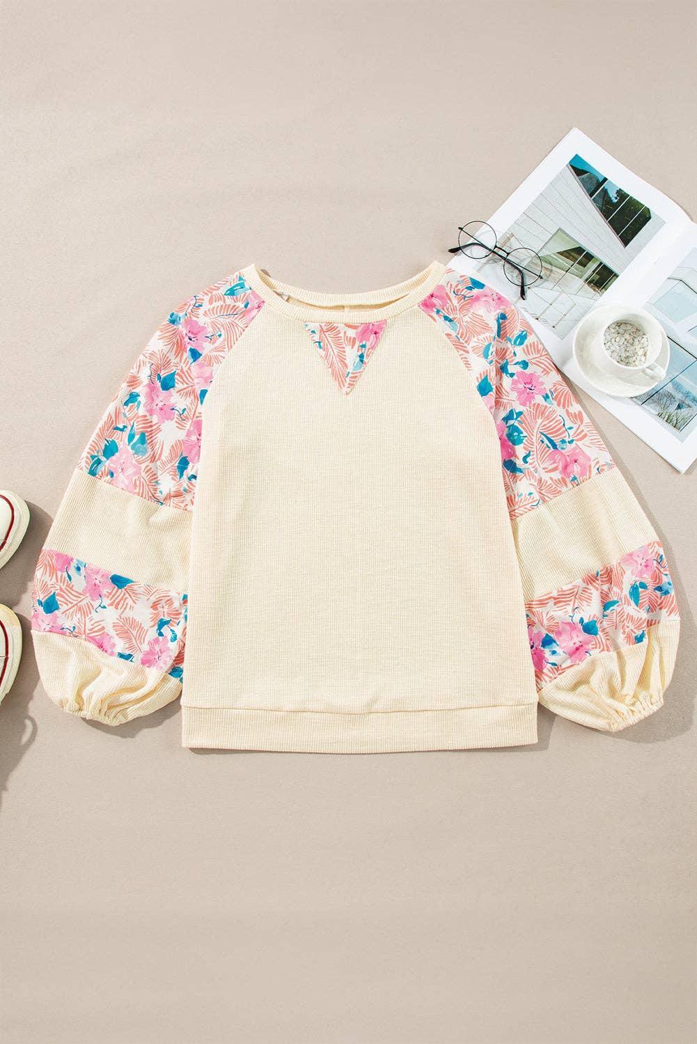 Floral Colorblock Balloon Sleeve Blouse: Beau Blue Product Image