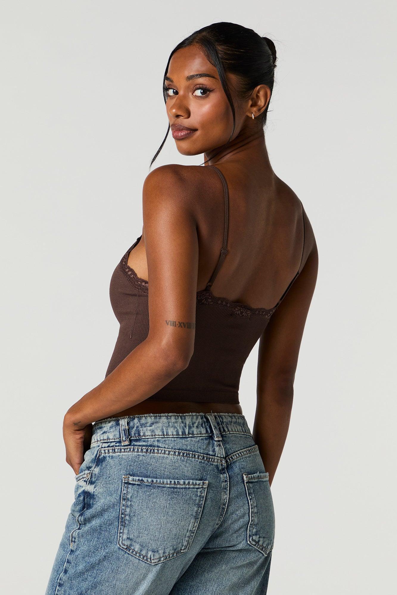 Seamless Ribbed Lace Trim Cami with Built-In Bra Cups Female Product Image