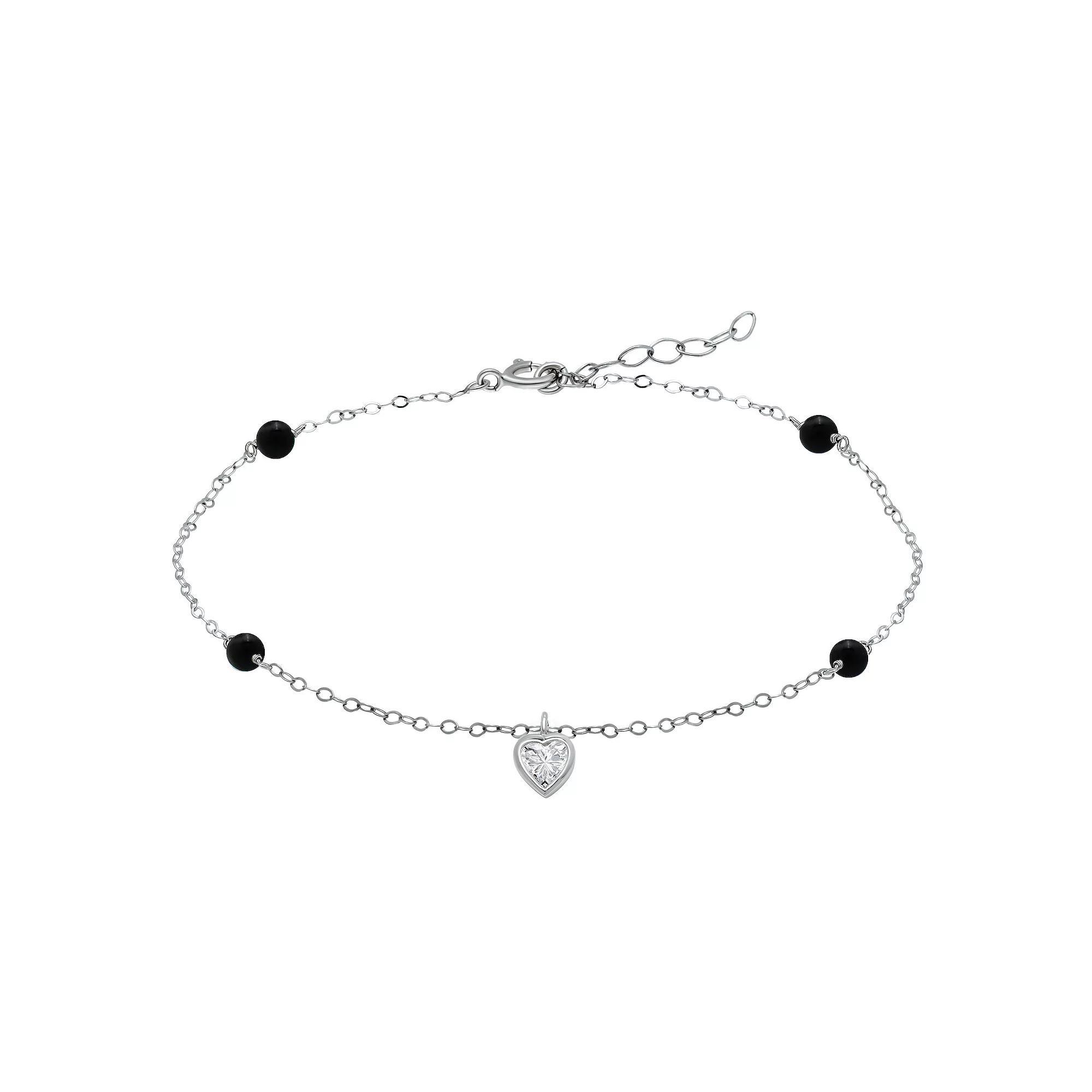 Aleure Precioso Sterling Silver Cubic Zirconia Heart Charm Anklet, Women's, Size: 9", Black Product Image