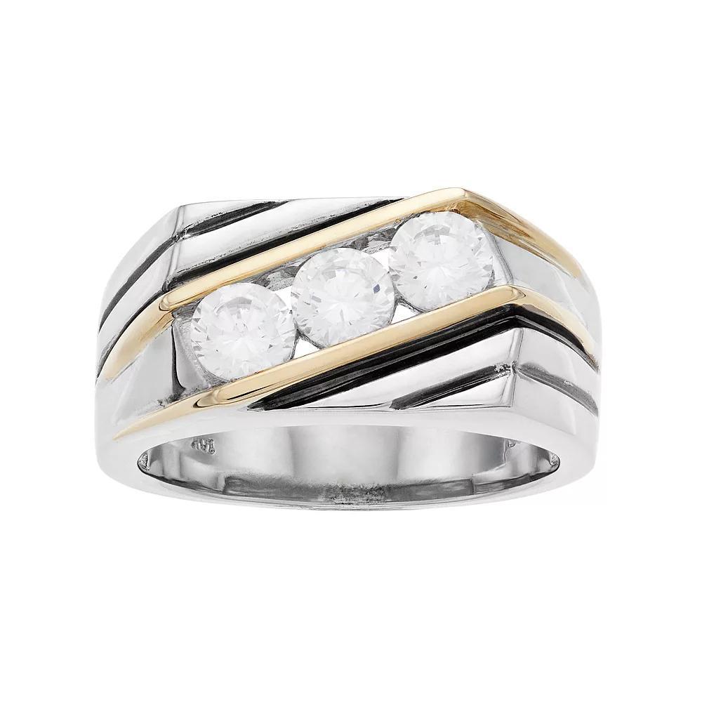 Men's Two Tone Sterling Silver Cubic Zirconia 3-Stone Ring, Size: 11 Product Image