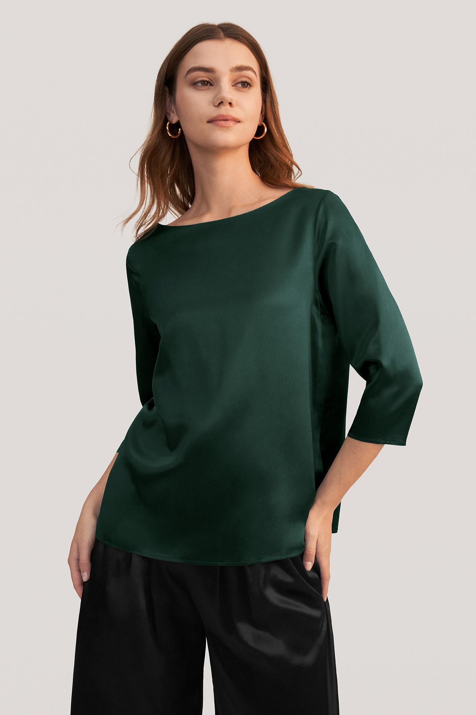 3/4 Sleeve Boat Neck Silk Blouse Product Image