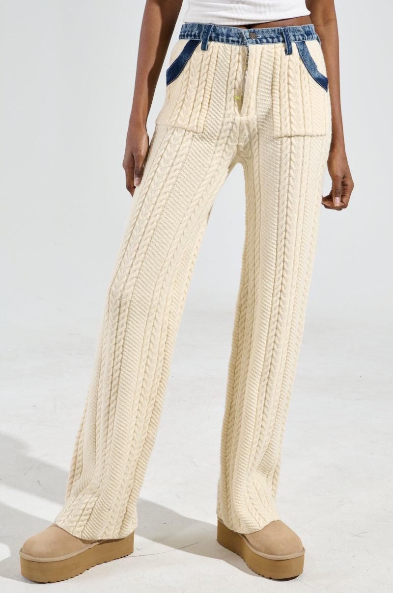 WORTHY OF LOVE CABLE KNIT STRAIGHT LEG PANT IN CREAM Product Image