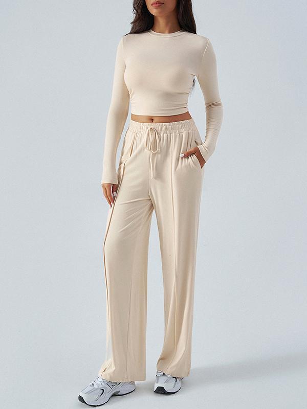 Long Sleeves Loose Solid Color Round-Neck T-Shirt Top + Drawstring Elasticity Pockets Pants Bottom Two Pieces Set Product Image