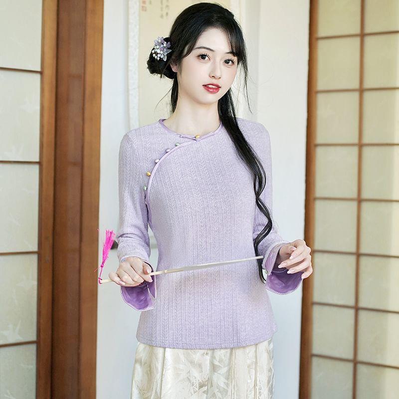Long-Sleeve Round Neck Floral Embroidered Top / High Waist Floral Jacquard Wide Leg Pants / Vest Product Image