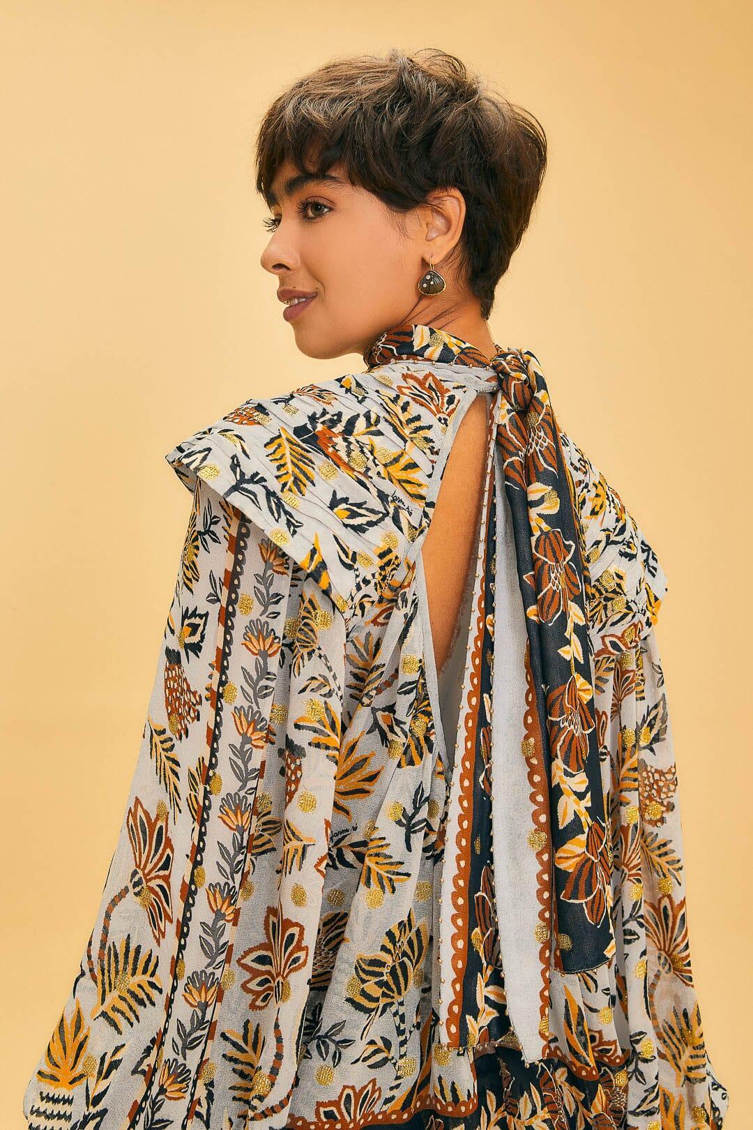 Silver Floral Tapestry Long Sleeve Blouse Product Image