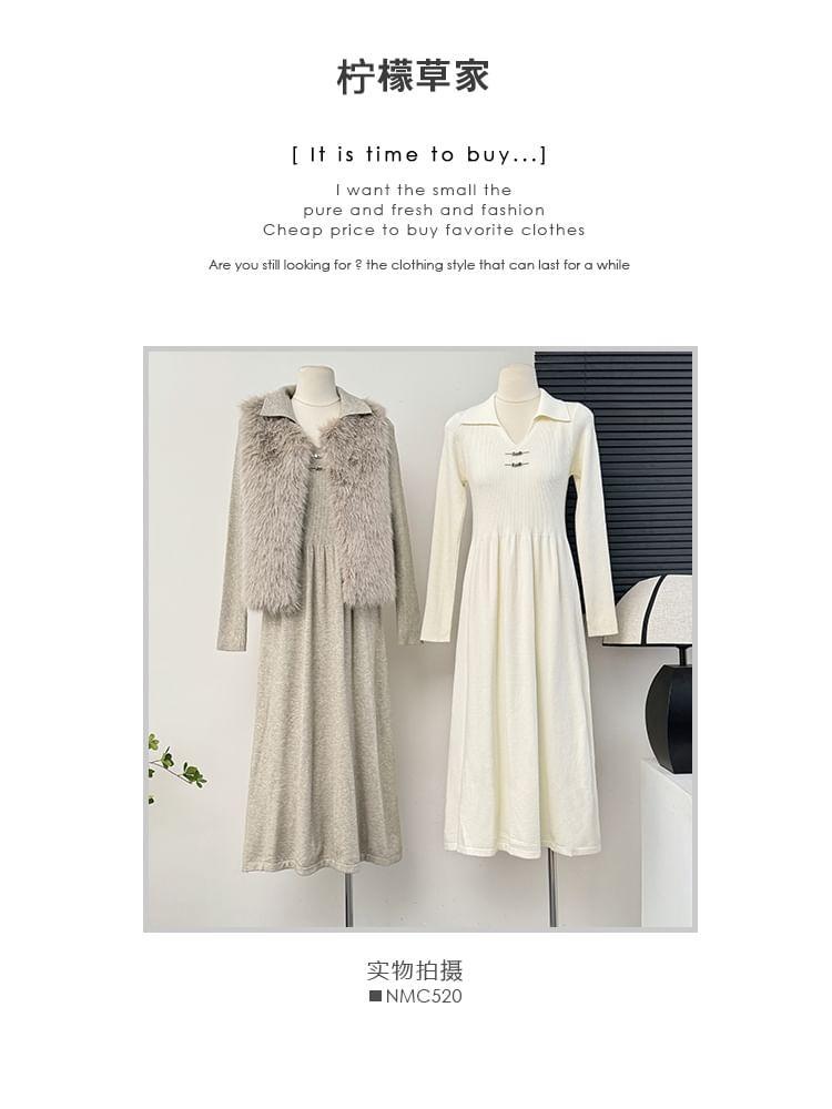 Collared V-Neck Knit Midi Dress in 5 Colors Product Image