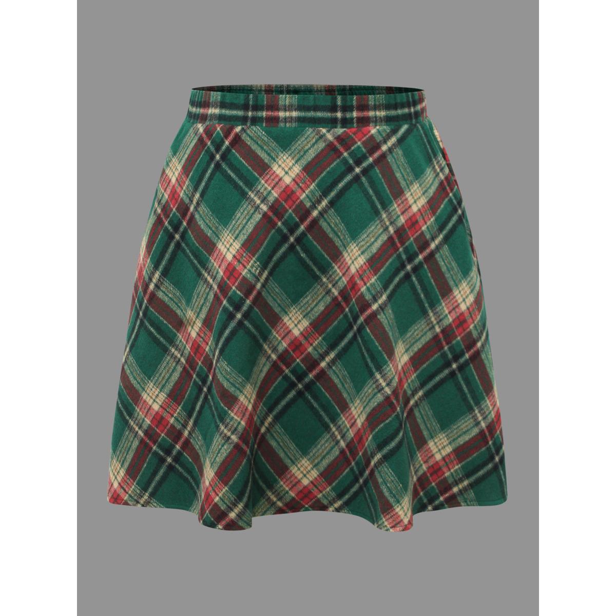 Plus Size Plaid Pattern Elastic Waist A-line Mini Skirt Women DarkGreen Elegant Low stretch Slanted pocket Everyday Skirts BloomChic 26/4X Product Image