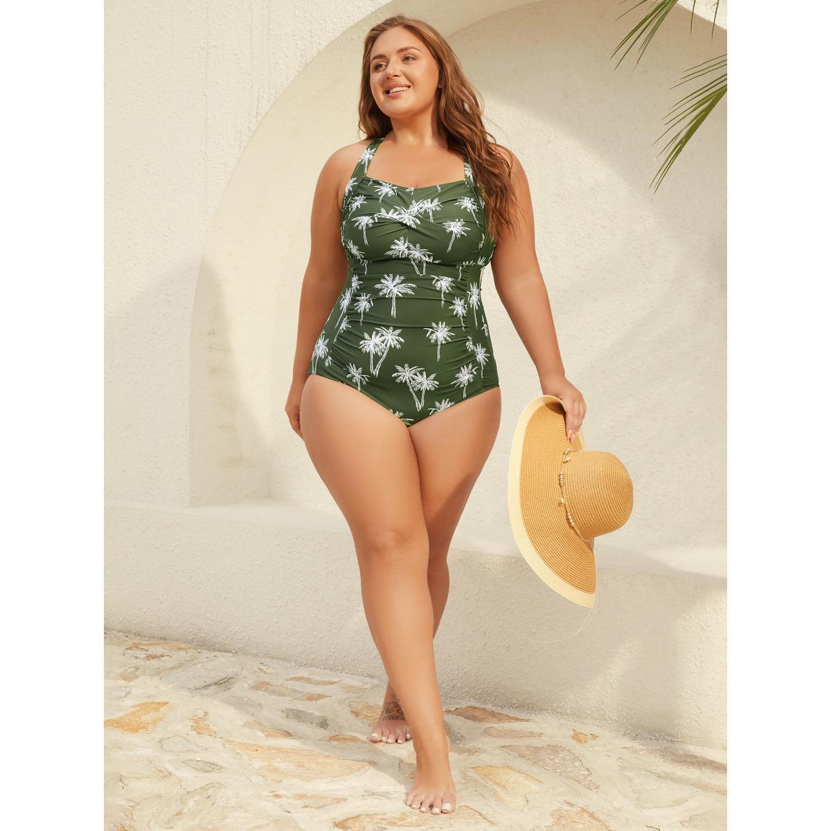 Plus Size Twist Front Tropical Print One-Piece Swimsuit Women's Swimwear ArmyGreen Beach Twist Curve Bathing Suits High stretch One Pieces BloomChic 26/4X Product Image