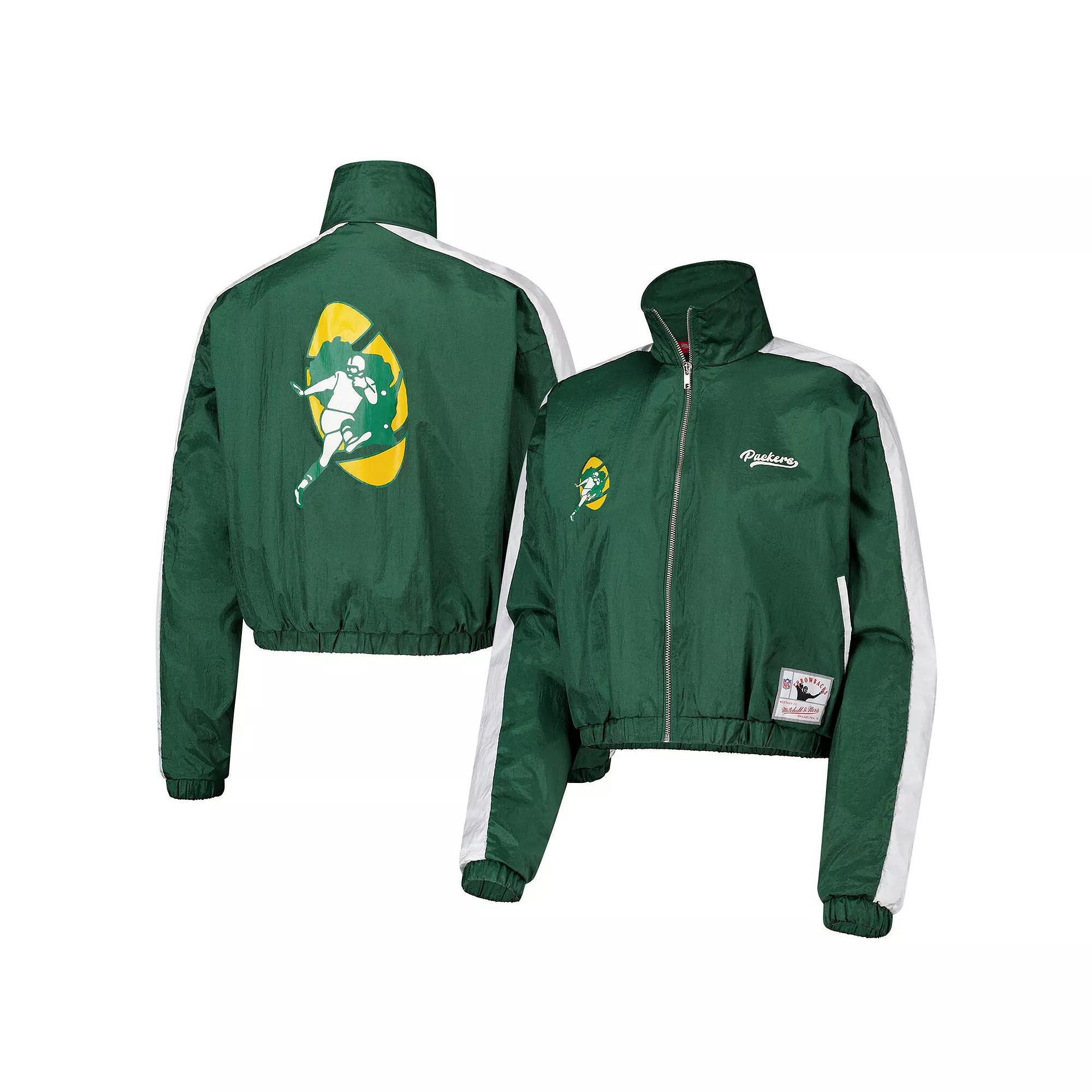 Women's Mitchell & Ness Green Green Bay Packers Nylon Cropped Full-Zip Jacket, Size: 2XL Product Image