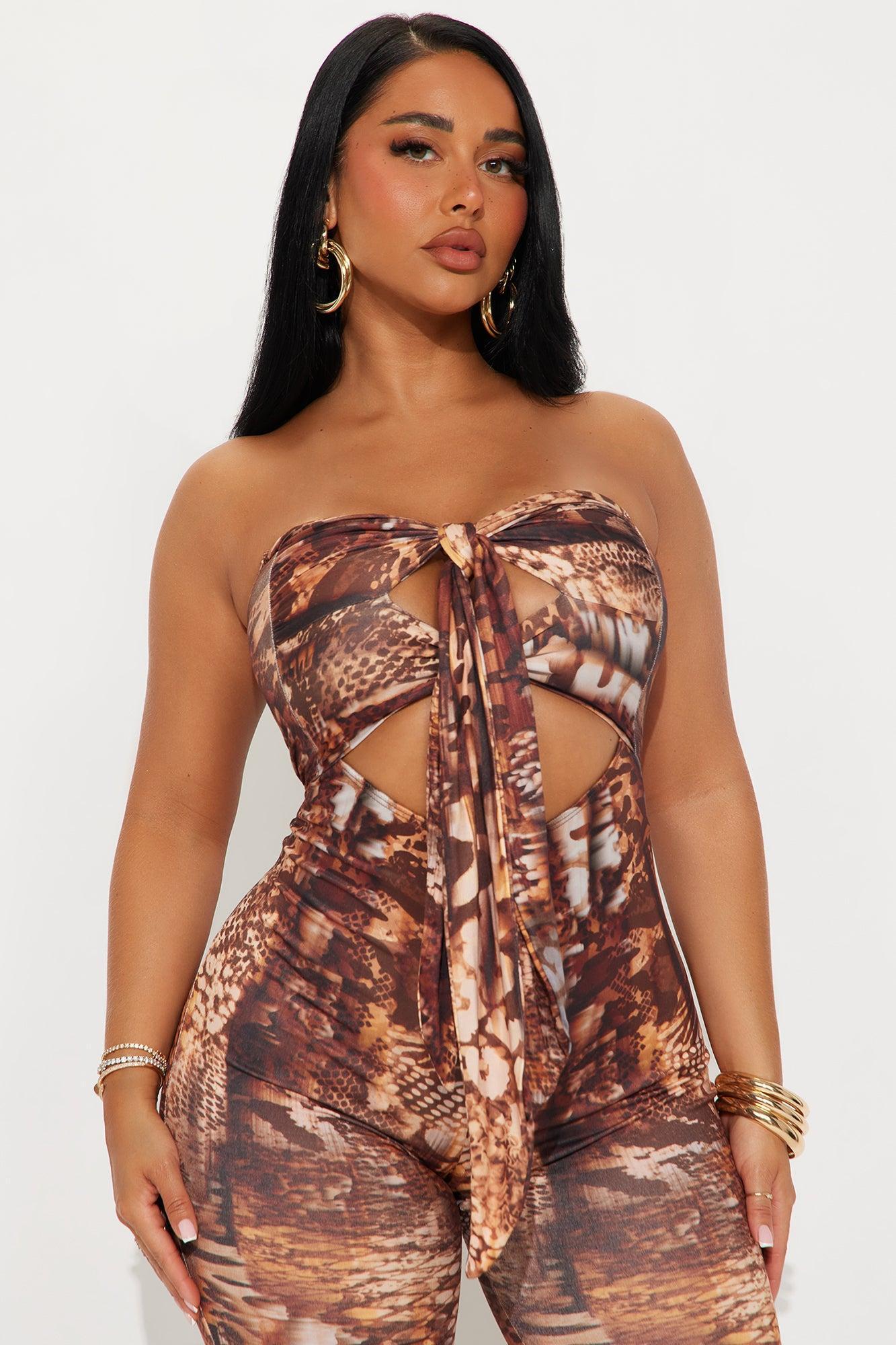 Zaria Strapless Flare Leg Jumpsuit - Brown Combo Product Image