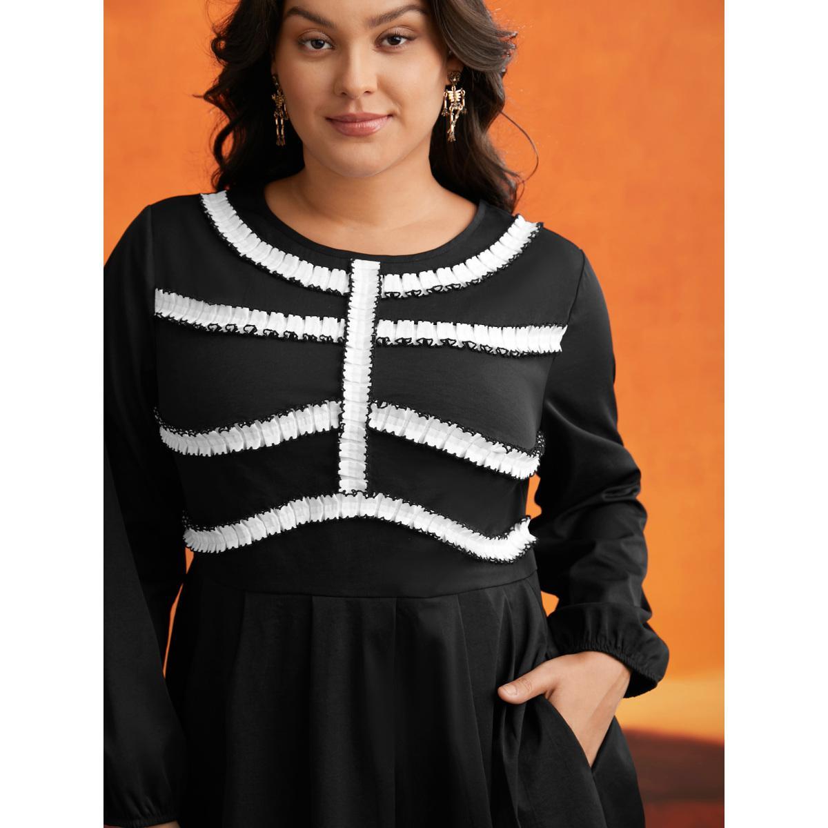Plus Size Black And White Pleated Ribbon Midi Dress Black Women Cocktail Contrast Party Curvy Bloomchic 18-20/2X Product Image