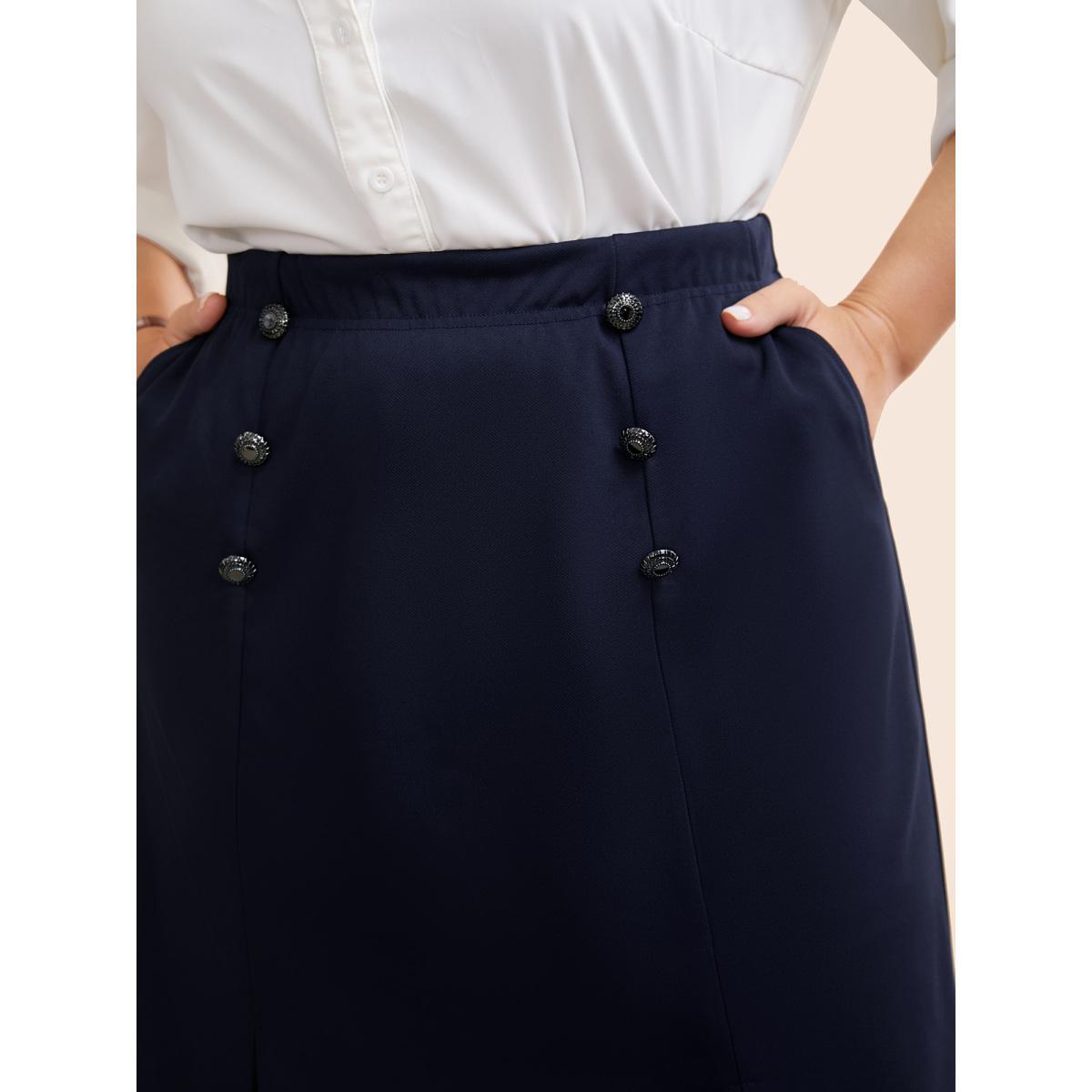 Plus Size Button Detail Split Hem Medium Stretch Skirt Women Indigo At the Office Button Medium stretch Side seam pocket Work Skirts BloomChic 10/M Product Image