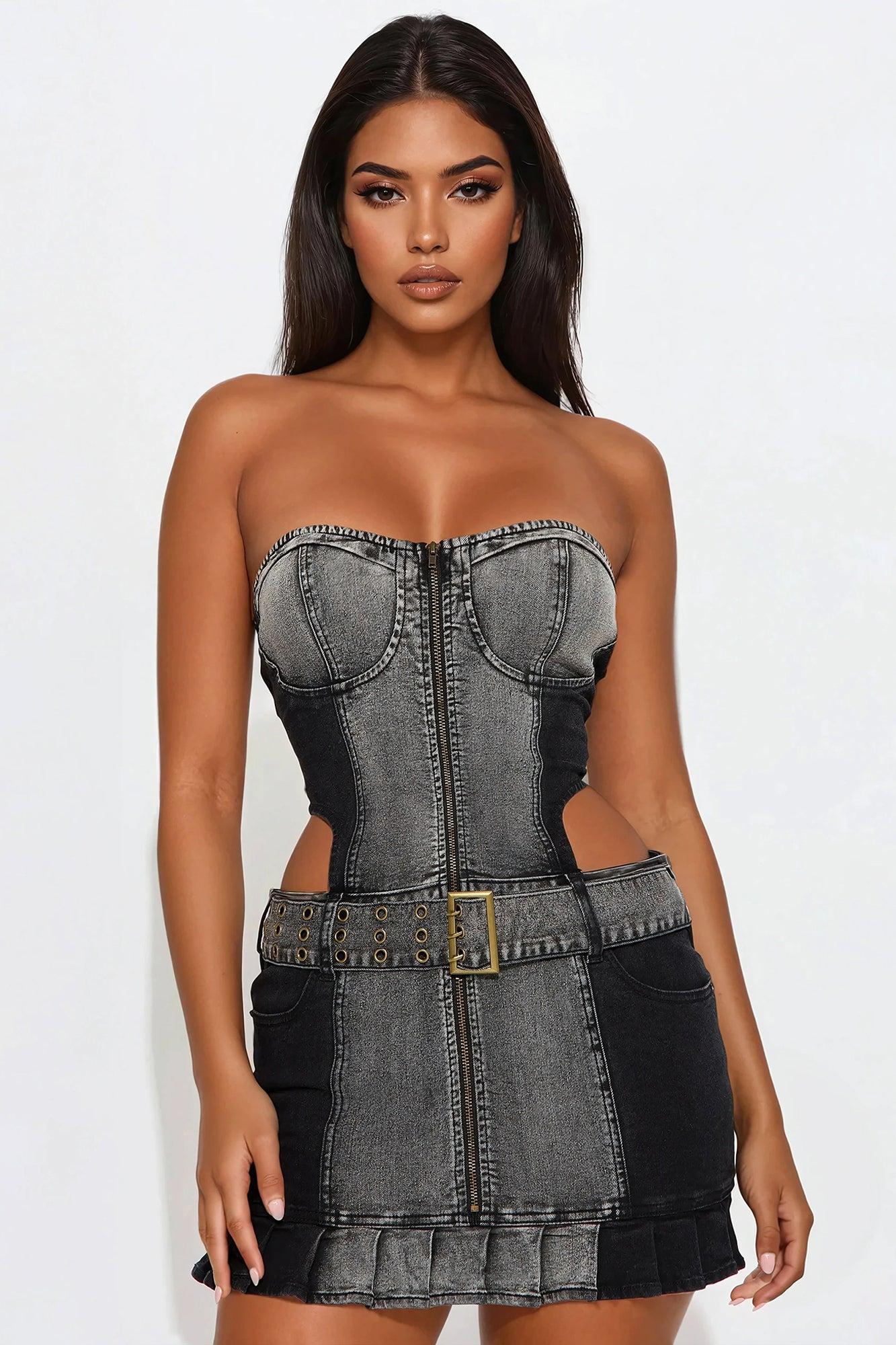 Alila Belted Denim Micro Mini Dress - Black Wash Product Image