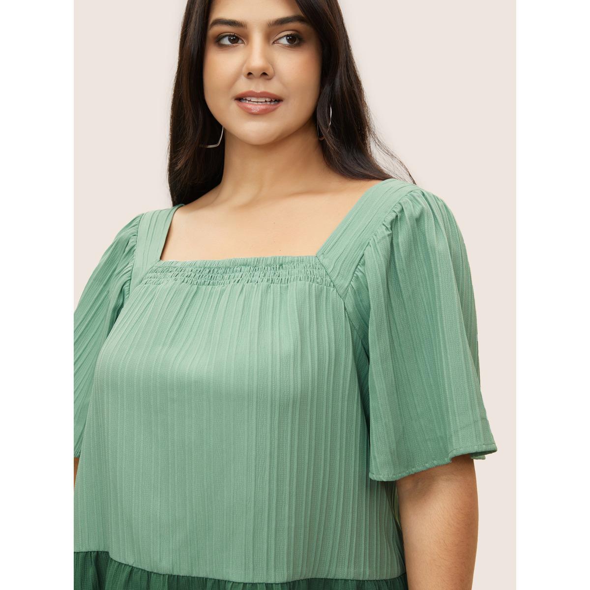Plus Size Mint Two Tone Textured Shirred Patchwork Ruffles Hem Blouse Women Casual Half Sleeve Square Neck Everyday Blouses BloomChic 26/4X Product Image