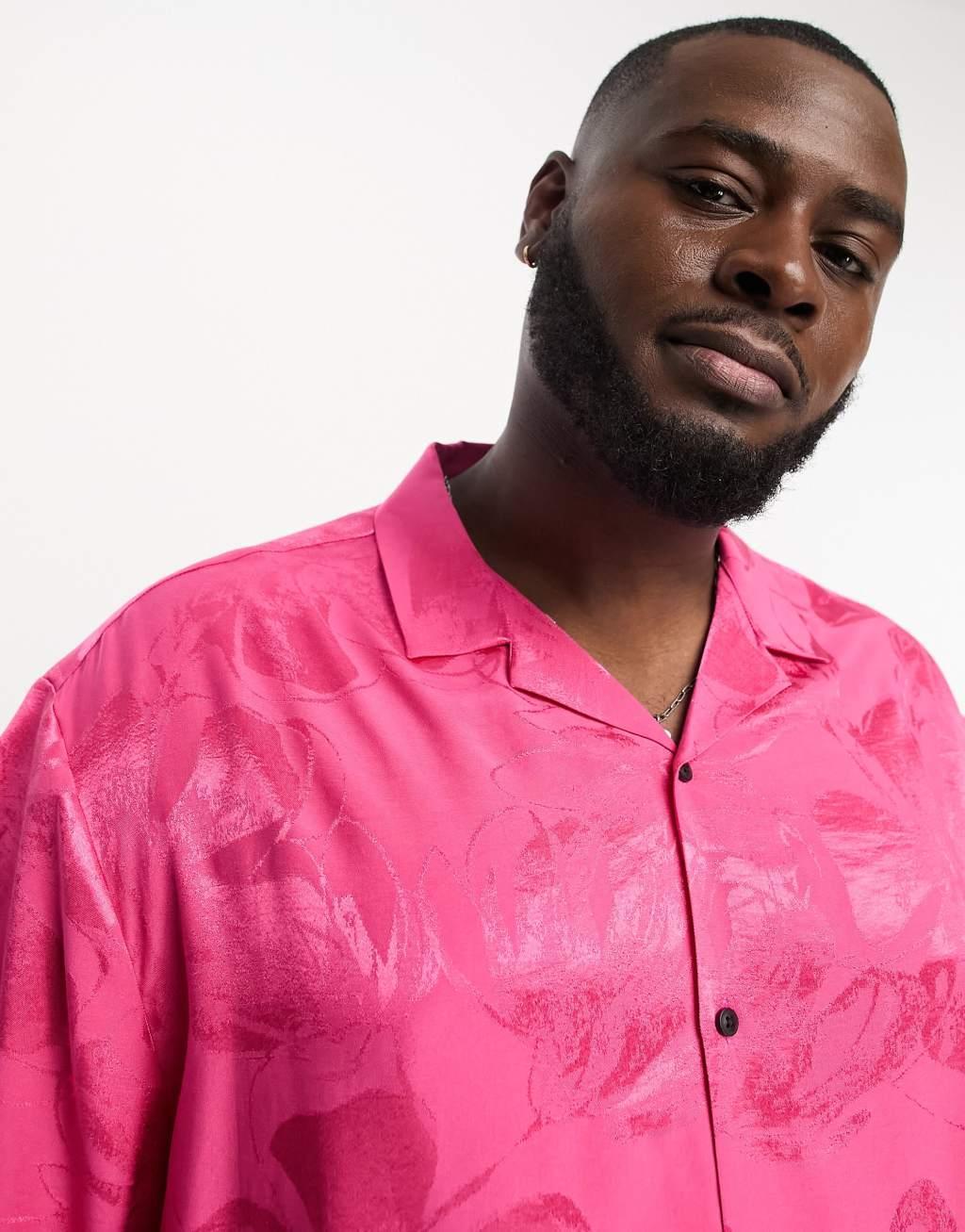 ASOS DESIGN boxy oversized revere shirt in pink floral jacquard  Product Image