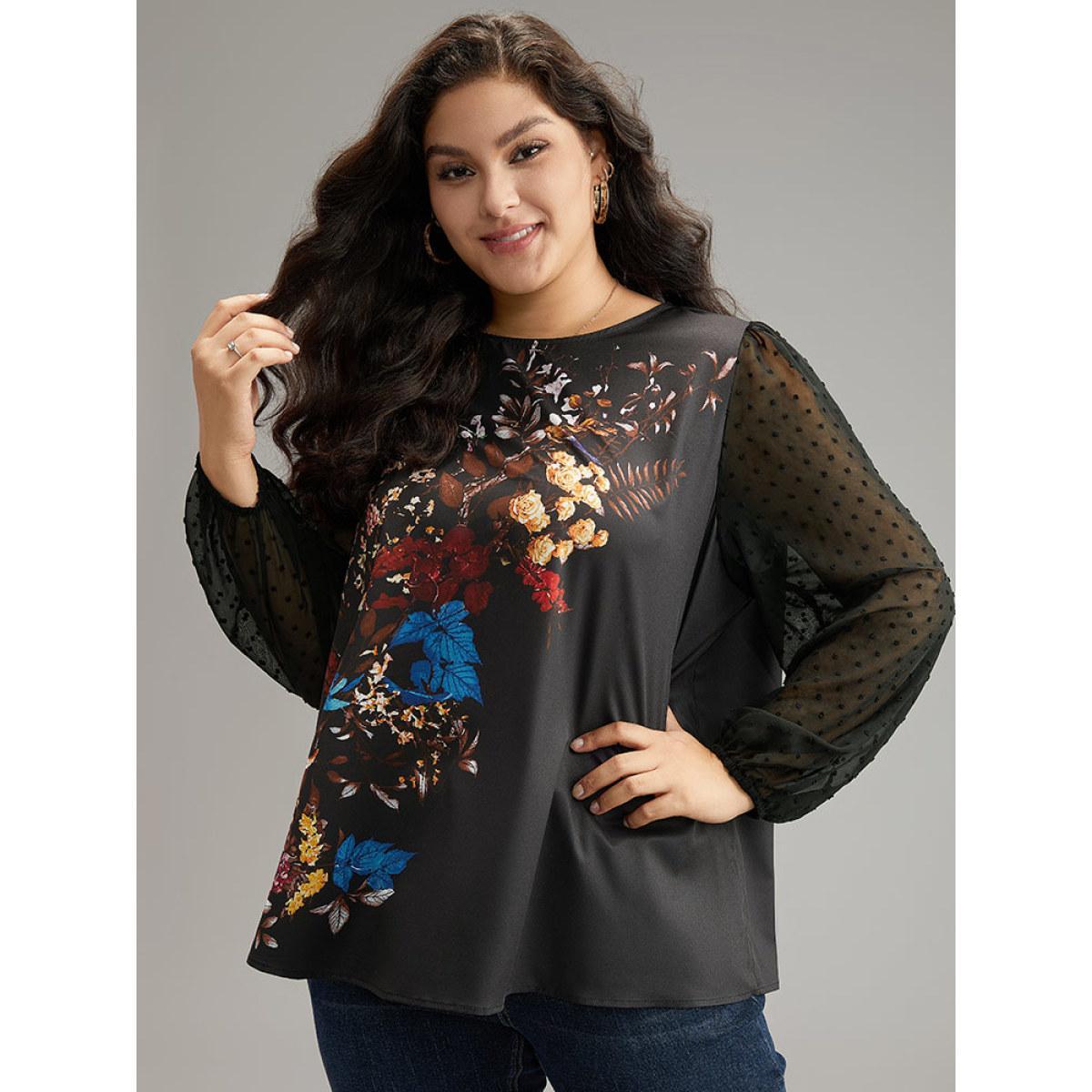 Plus Size Black Boho Print Patchwork Mesh Lantern Sleeve Blouse Women Elegant Long Sleeve Round Neck Dailywear Blouses BloomChic 12/L Product Image