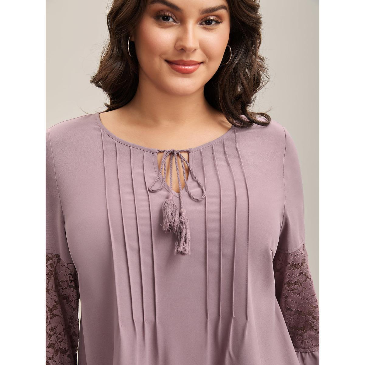 Plus Size Lilac Toothpick Pleats Lace Neck Tie Blouse Women Elbow-length sleeve Notched collar Vacation Blouses BloomChic 30/6X Product Image