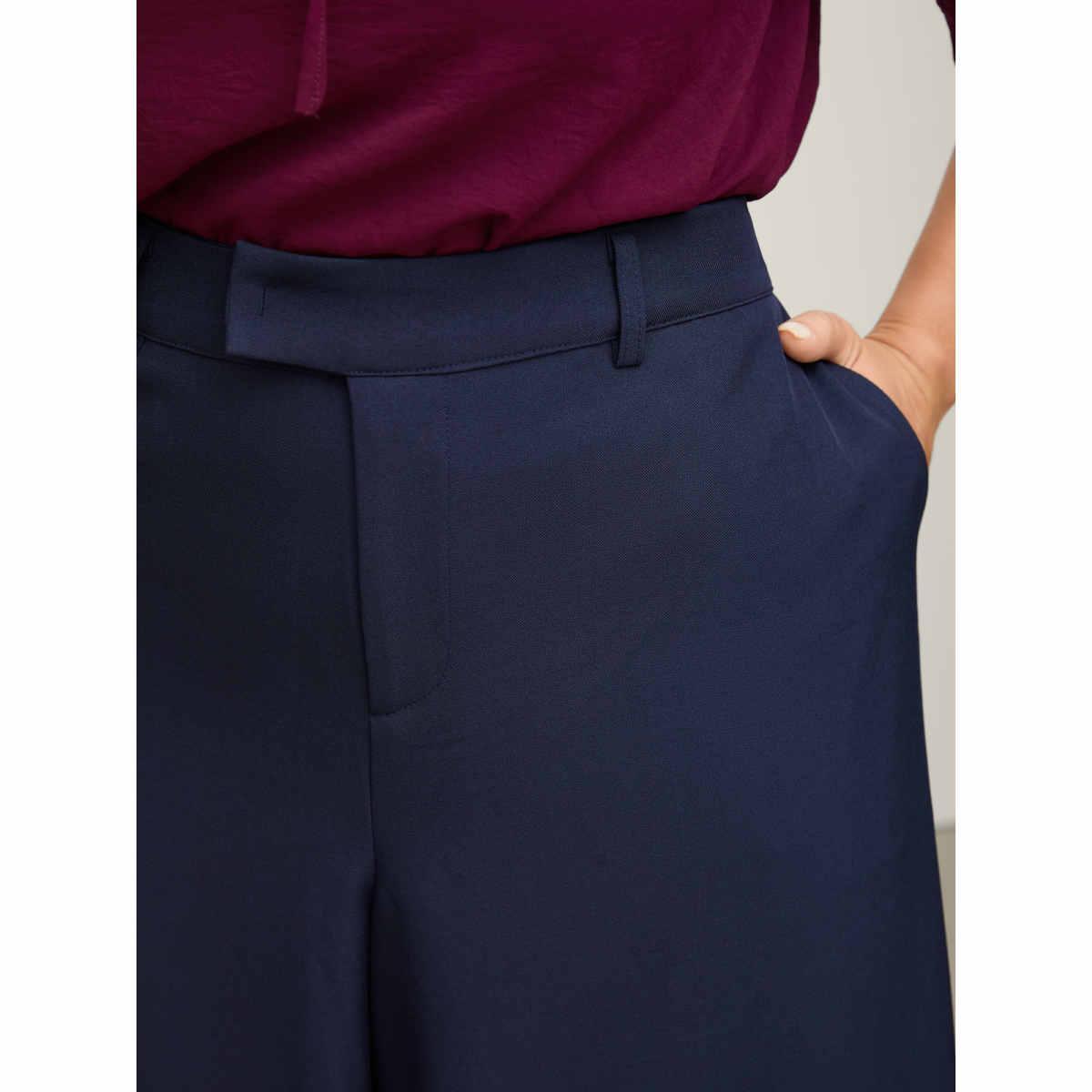 Plus Size Elastic Back Waist Metal Buckle Pants Women Indigo Loose Mid Rise Work Pants BloomChic 14-16/1X Product Image