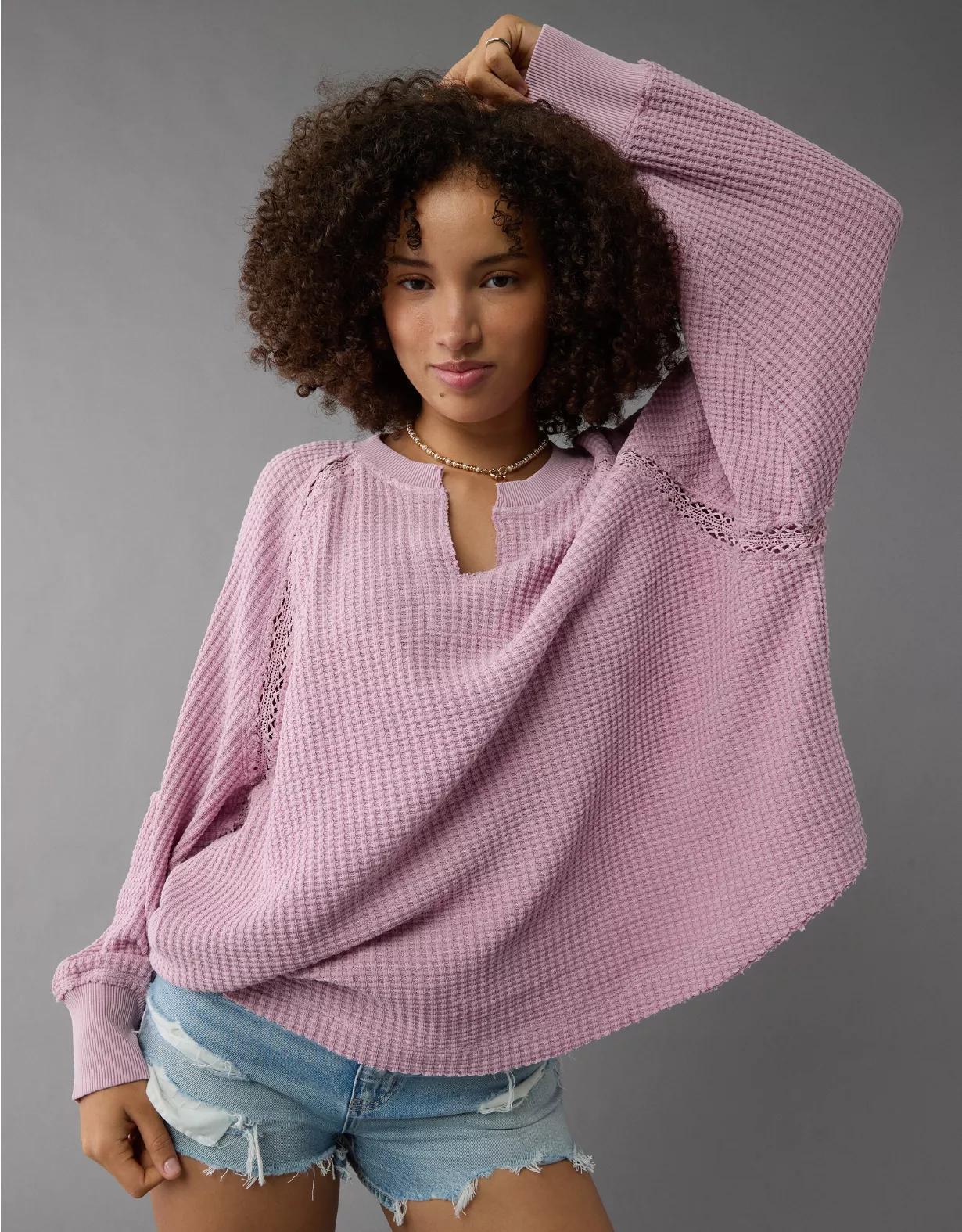 AE Big Hug Notch Neck Waffle Sweatshirt Product Image