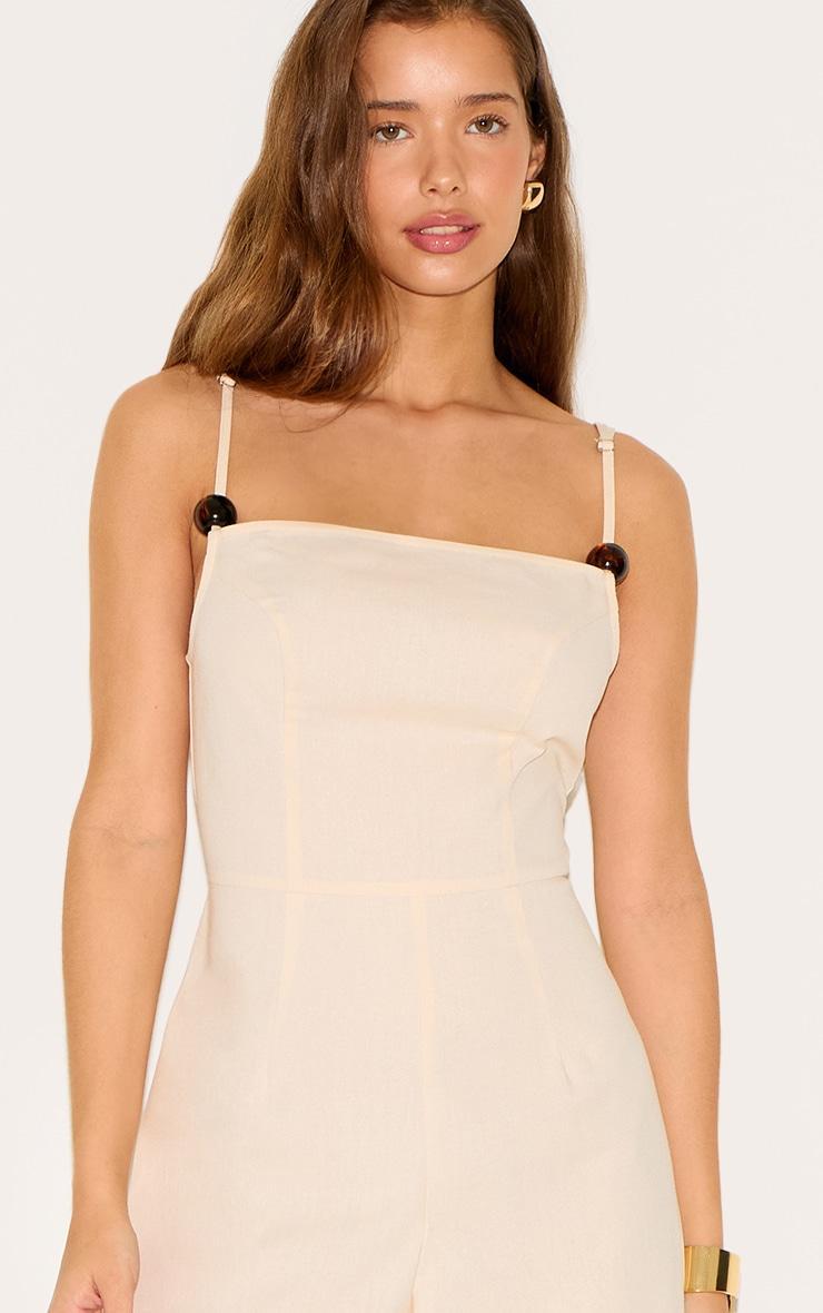 Natural Linen Blend Straight Neck Bead Detail Jumpsuit Product Image