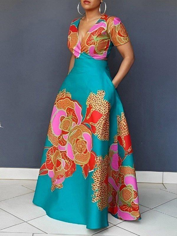 A-Line Loose Floral Printed Split-Joint Deep V-Neck Evening Dresses Maxi Dresses Product Image