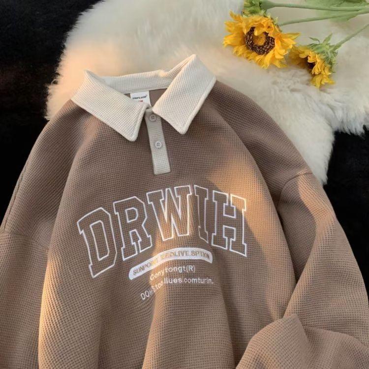 Long-Sleeve Letter Embroidered Contrast Collar Sweatshirt Product Image