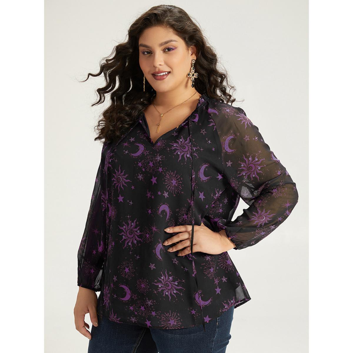 Plus Size Purple Halloween Moon & Star Print Tie Neck Mesh Lantern Sleeve Blouse Women Elegant Long Sleeve Tie Neck Festival-Halloween Blouses BloomChic 14-16/1X Product Image