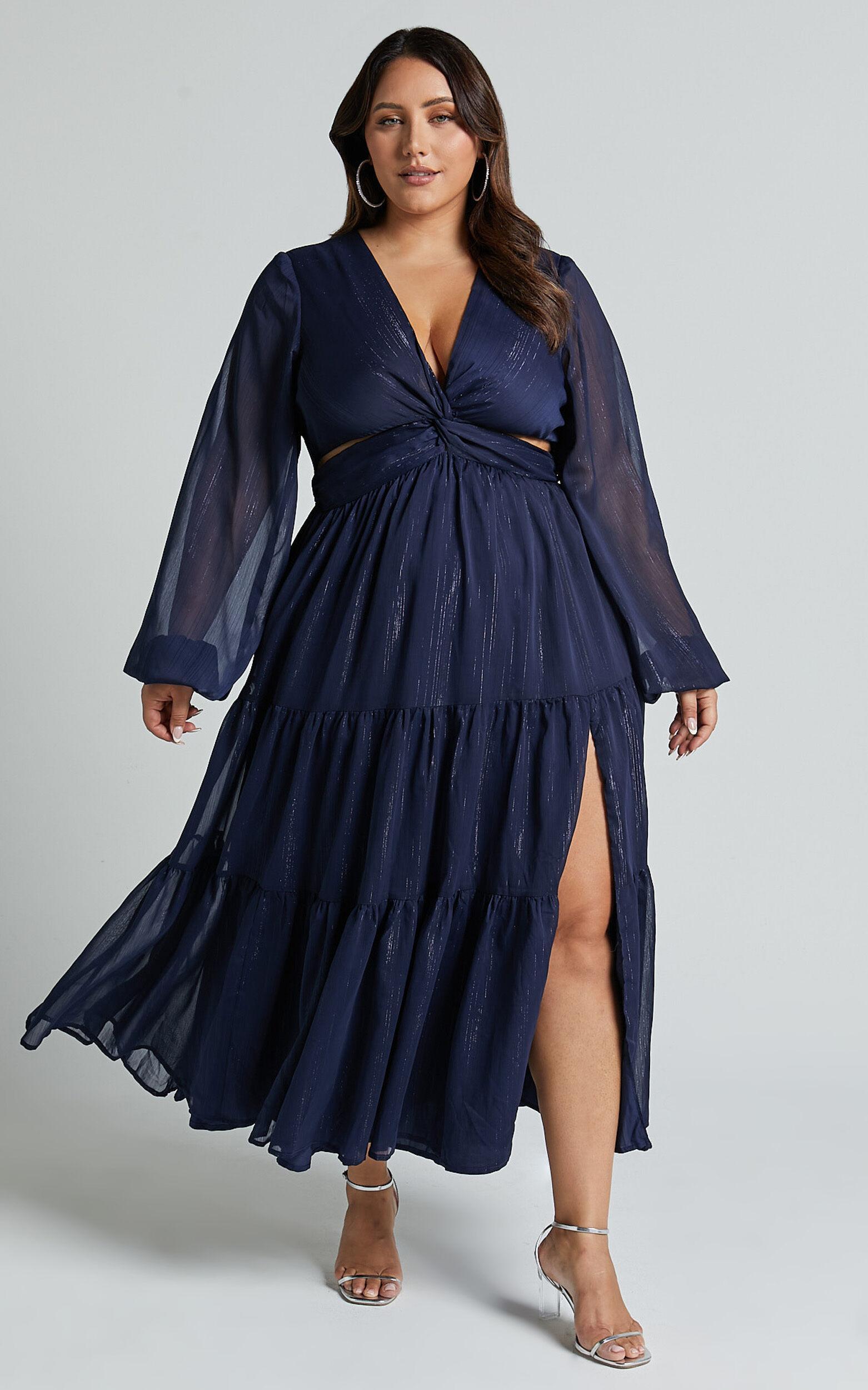 Edelyn Midi Dress - Cut Out Balloon Sleeve Tiered Dress in Navy Product Image