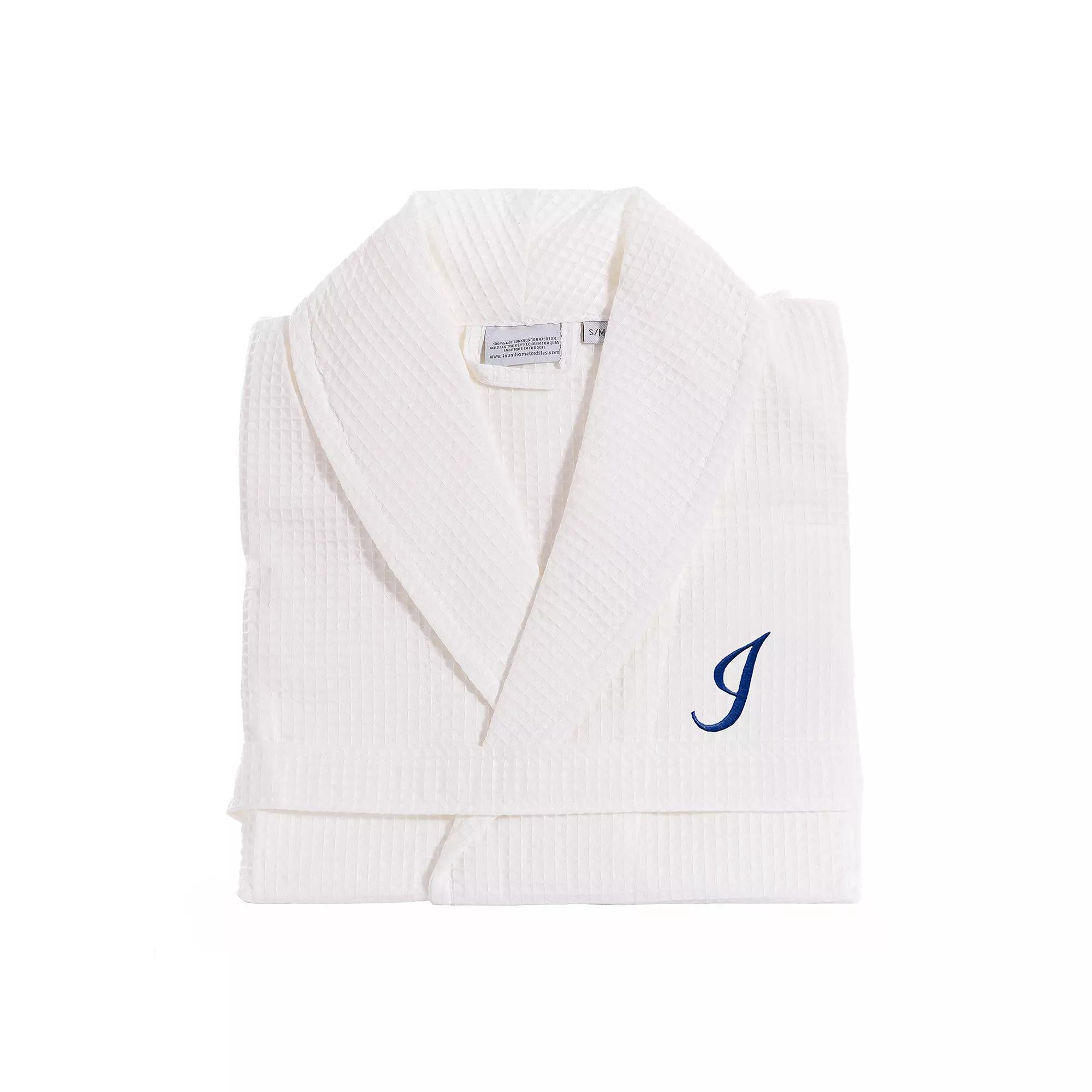 Linum Home Textiles Turkish Cotton Personalized Waffle Weave Bathrobe, Women's, Size: Small/Medium, White Navy D Product Image