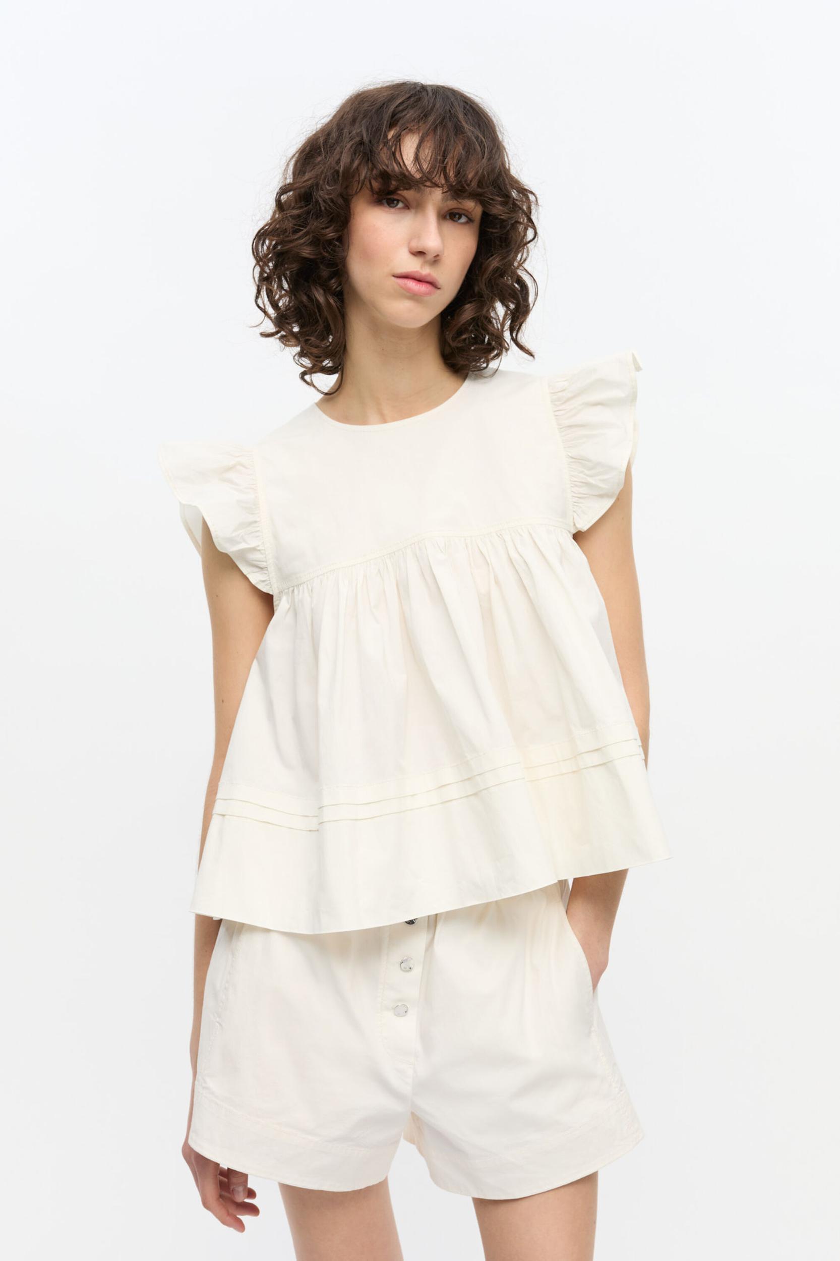 White Stretch Cotton Frill Sleeve Top Product Image