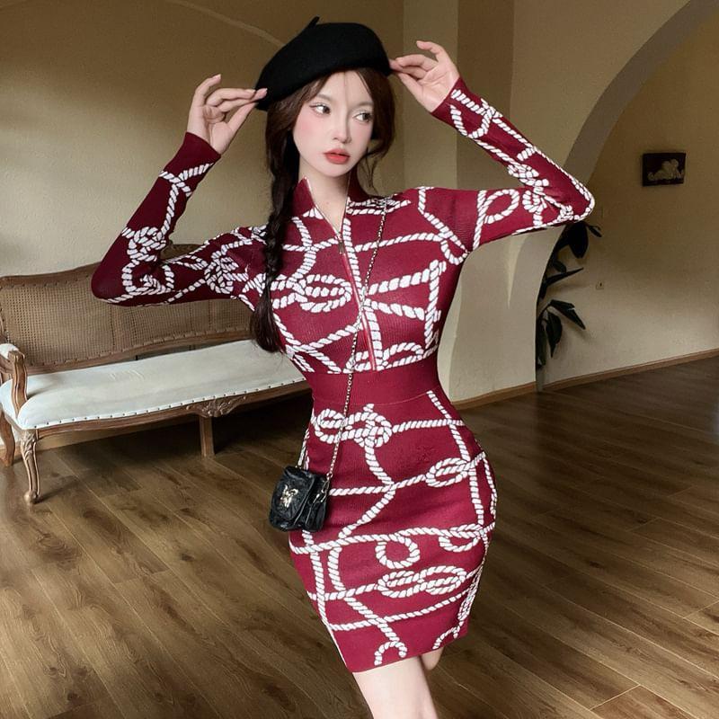 Long-Sleeve Collared Pattern Knit Mini Bodycon Dress Product Image