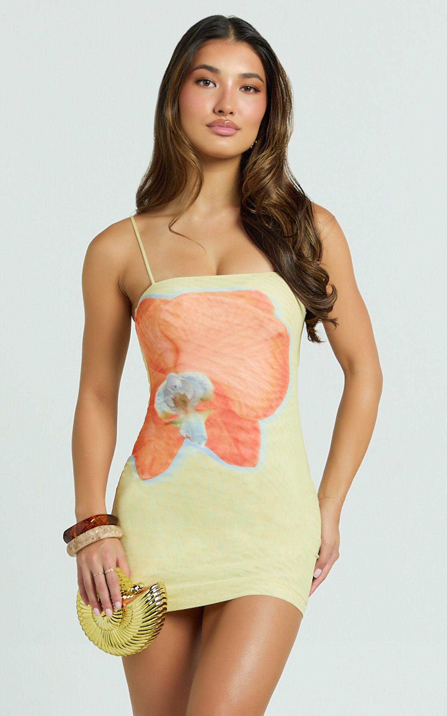 Aretta Mini Dress - Strappy Fitted Placement Mesh Print Dress in Orchid Print Product Image