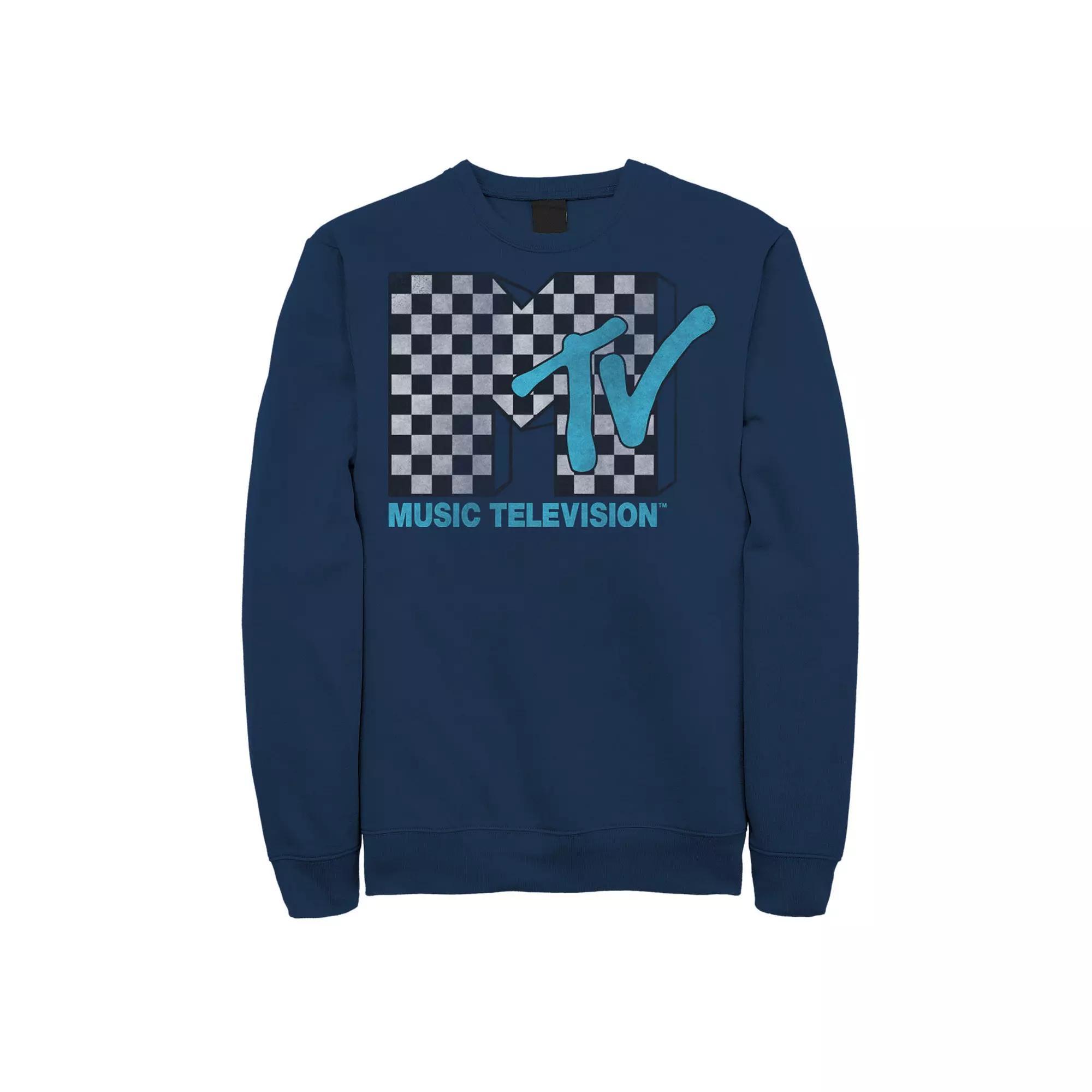 Mens MTV Logo Black And White Checkered Blue TV Sweatshirt Product Image
