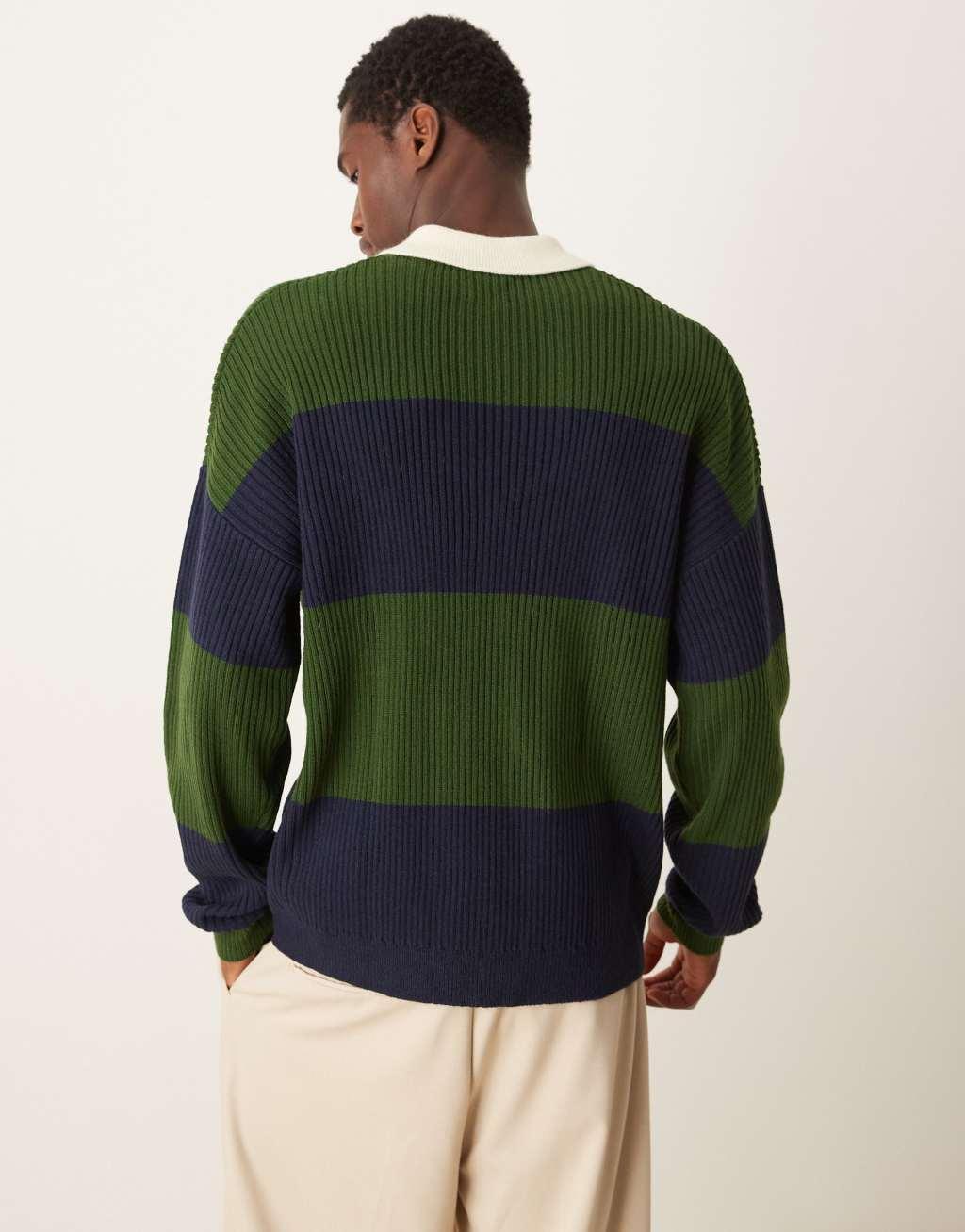 ASOS DESIGN relaxed knitted rugby polo in green and navy stripe Product Image