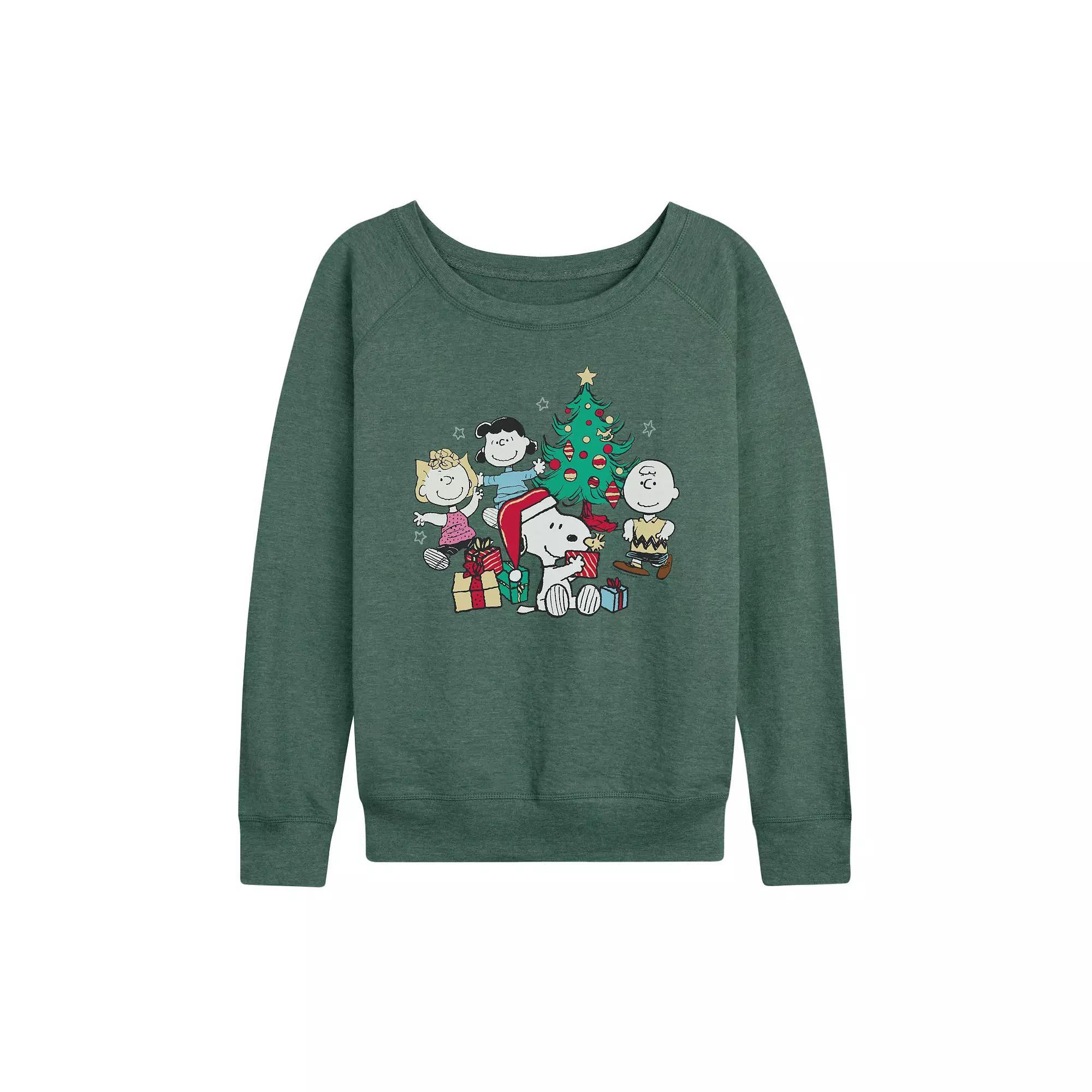 Womens Peanuts Group Christmas Tree French Terry Long Sleeve Tee Grey Green Product Image