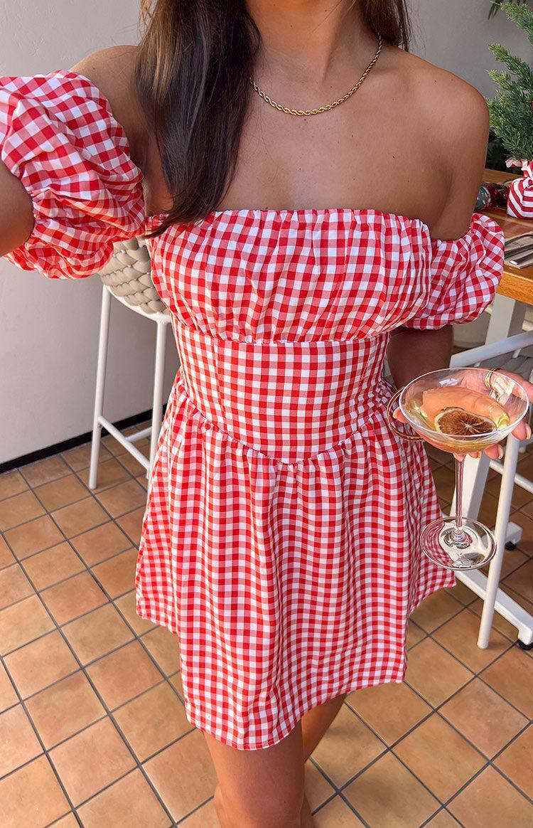 Love Lost Off The Shoulder Red Gingham Mini Dress Product Image