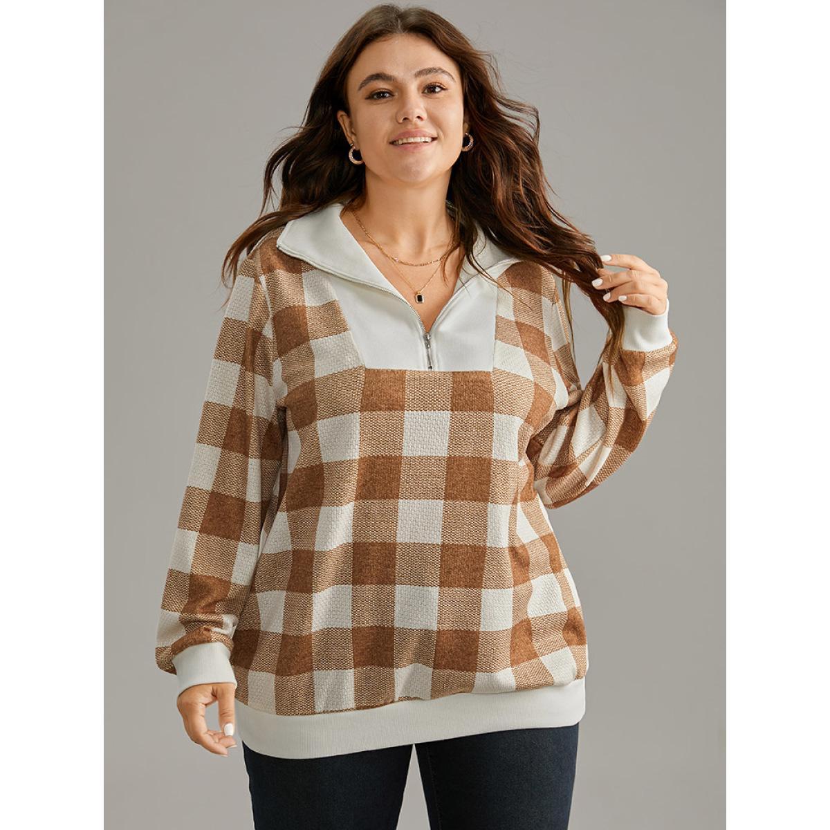 Plus Size Plaid Patchwork Contrast Half Zip Sweatshirt Women Bronze Casual Contrast Polo Dailywear Sweatshirts BloomChic 10/M Product Image